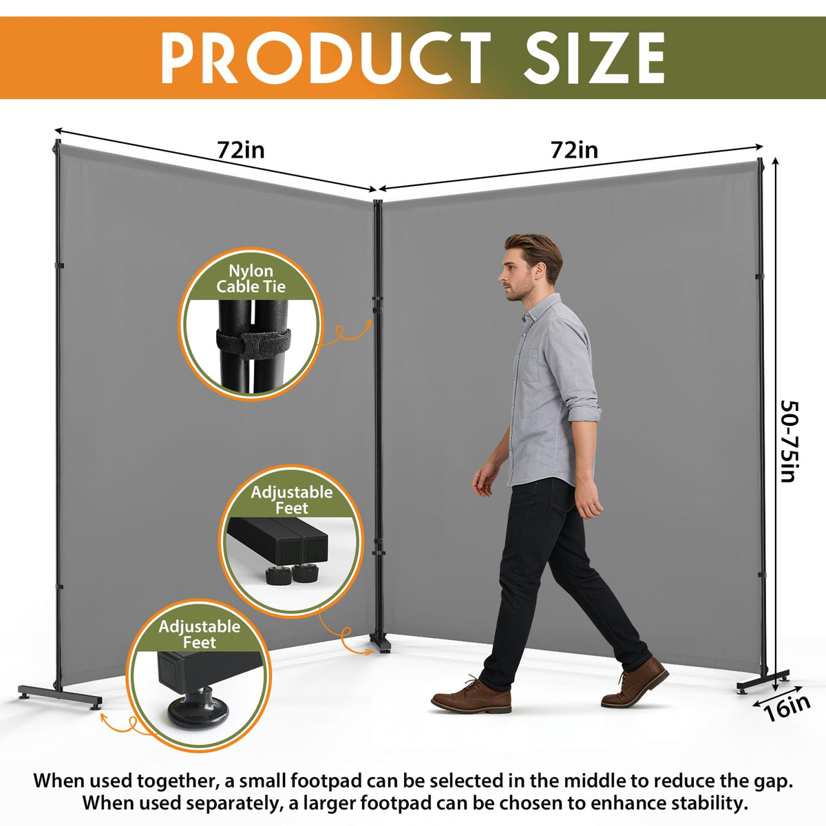 YSEJOMP Room Divider Screen 72"-140" Wide x72 High with Height-Adjustable Feet, 2 x Privacy Panels for Home, Office, or Classroom, Easy to Move and Height Adjustable (2, Gray)
