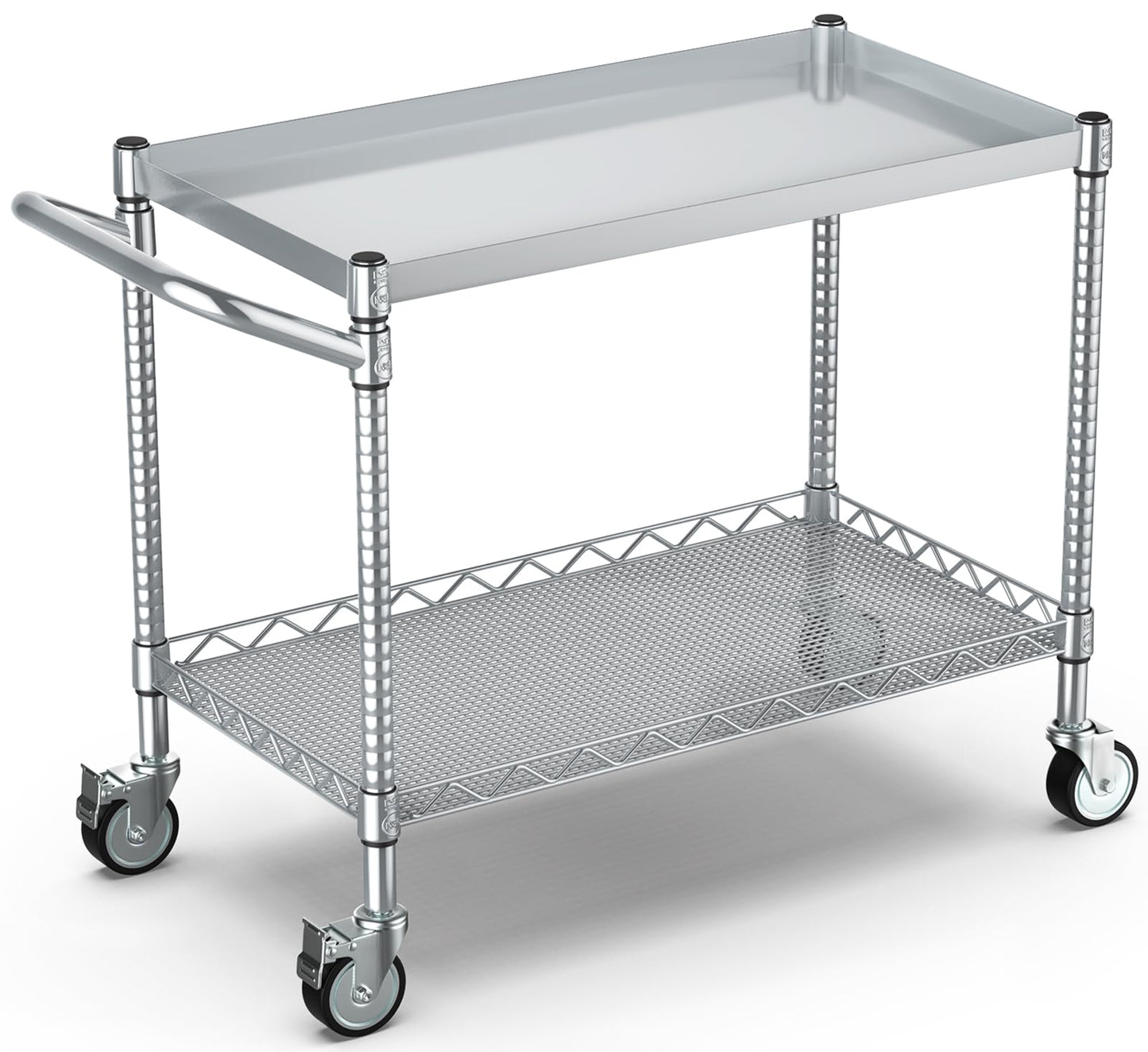 Leteuke 2 Tier Utility Tool Cart with Wheels, Heavy Duty Rolling Utility Carts with Handle, Commercial Grade Metal Serving Storage Cart for Warehouse Garage Kitchen, 25" D x 38.98" W x 40" H-Silver