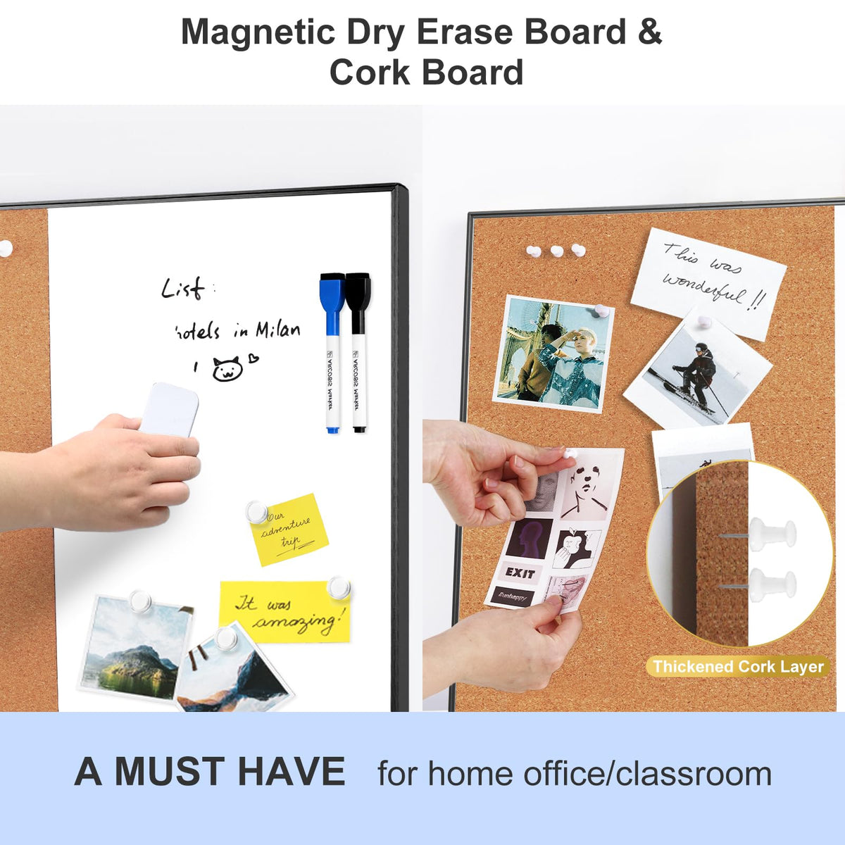 ARCOBIS Cork Board White Board Combo, 24 x 18 Inch Bulletin Board, Magnetic Dry Erase Board & Corkboard for Wall, Vision Board for Home, Office, School, Black Frame