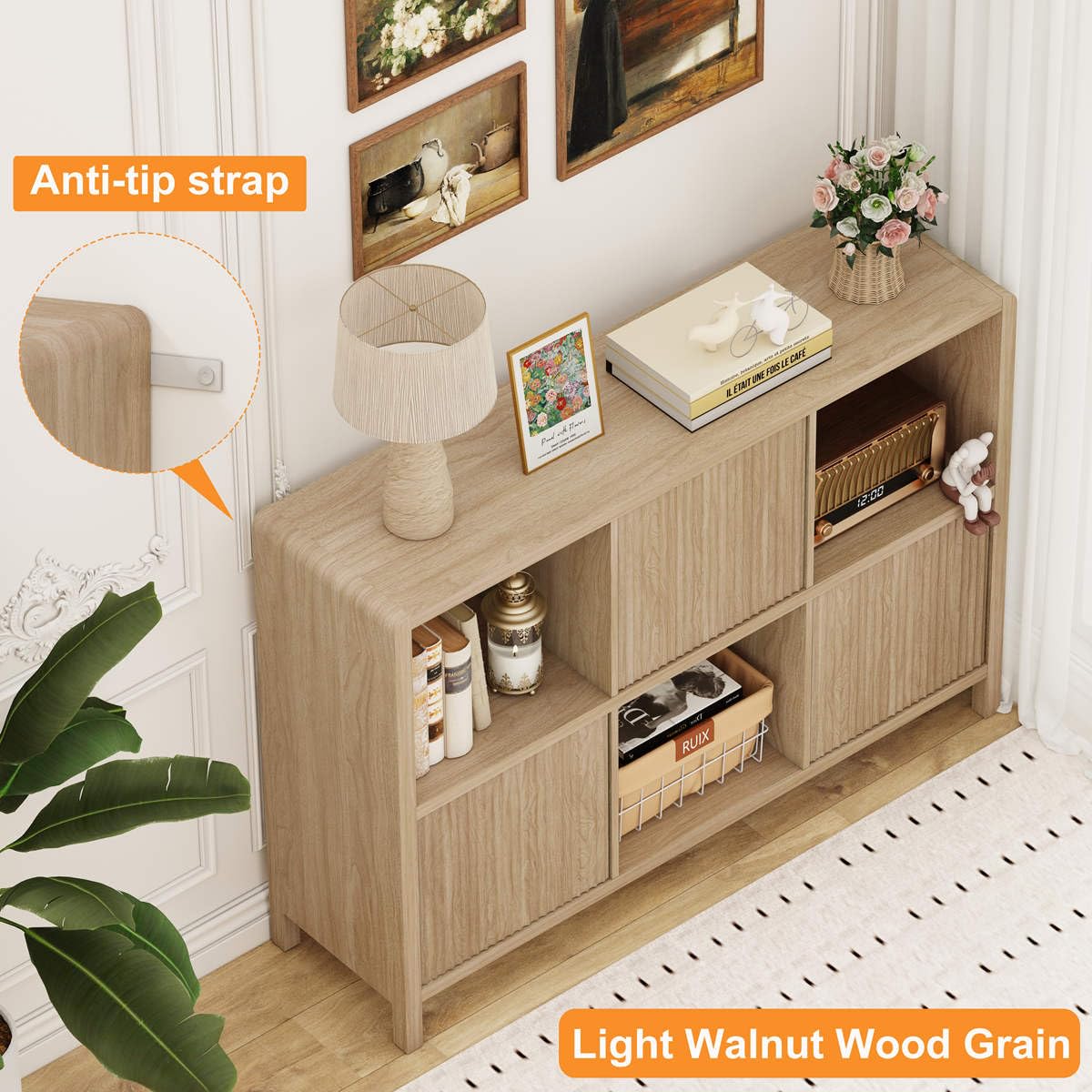 FATORRI 6 Cube Horizontal Bookshelf with 3 Doors, Modern Wood Book Shelf with Storage, Low Cubby Bookcase for Home Office (Light Walnut)