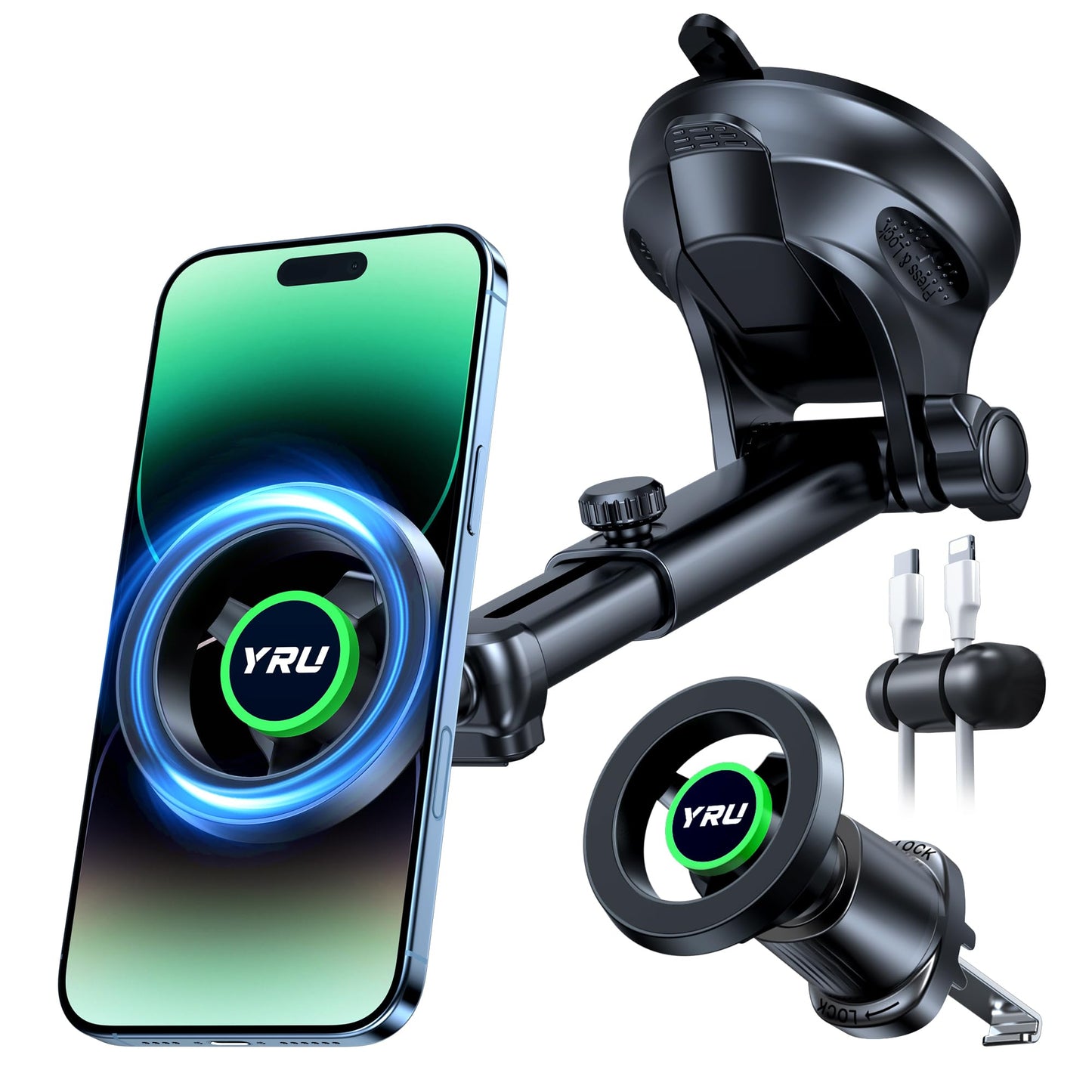 YRU [2026 Military-Grade] for Magsafe Car Mount [90+LBS Strong Suction] 360° Adjustable Magnetic Phone Holder for Car Dashboard Windshield Vent, Cradle for iPhone 17 16 15 14 13 12 Samsung, Black