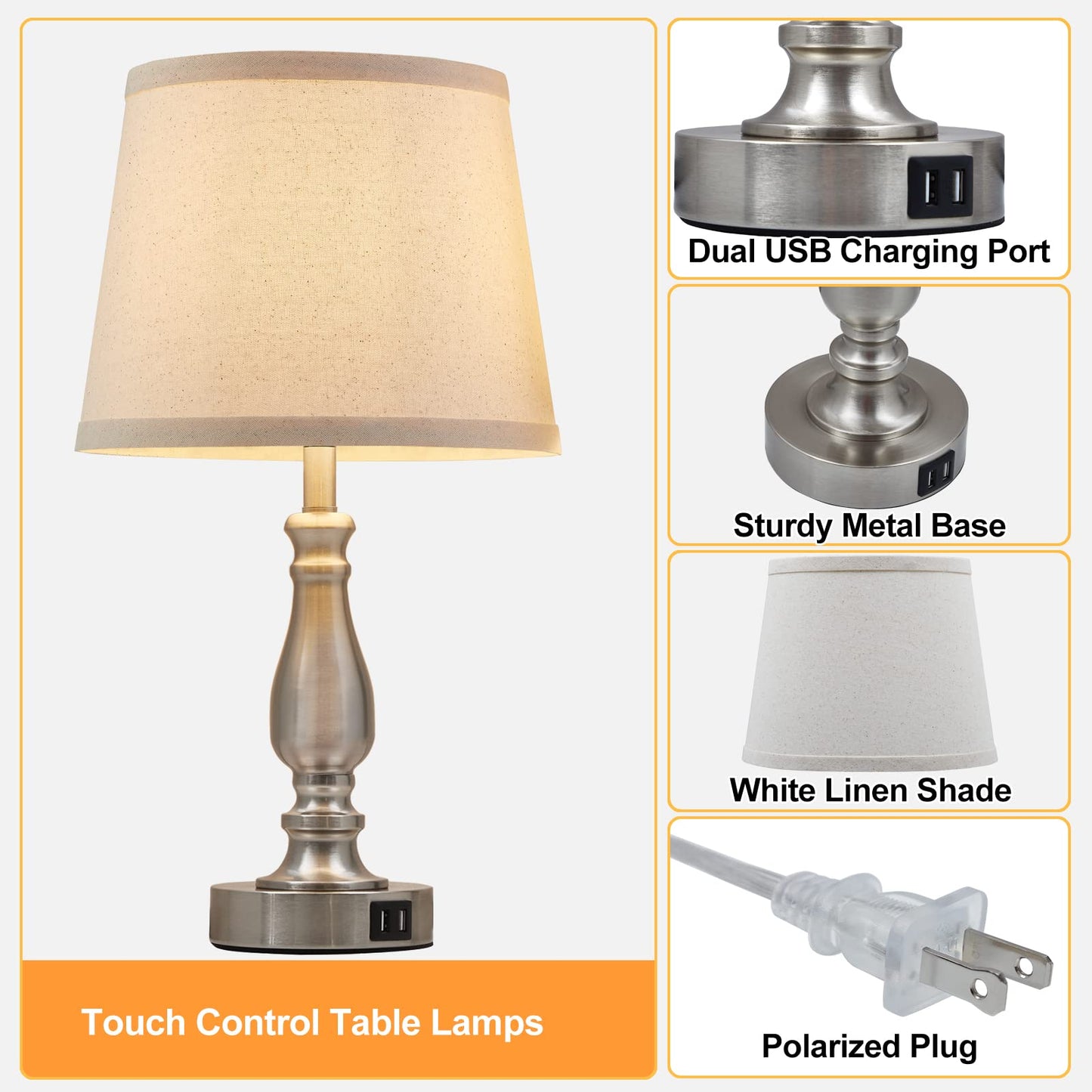 EJIAXIN Lamps for Bedrooms Set of 2, Brushed Nickel Bedside Lamps with USB C+A Ports,Dimmable Nightstand Lamps with Fabric Lampshade, Touch Table Lamp for Living Room Bedroom Office, Bulbs Included