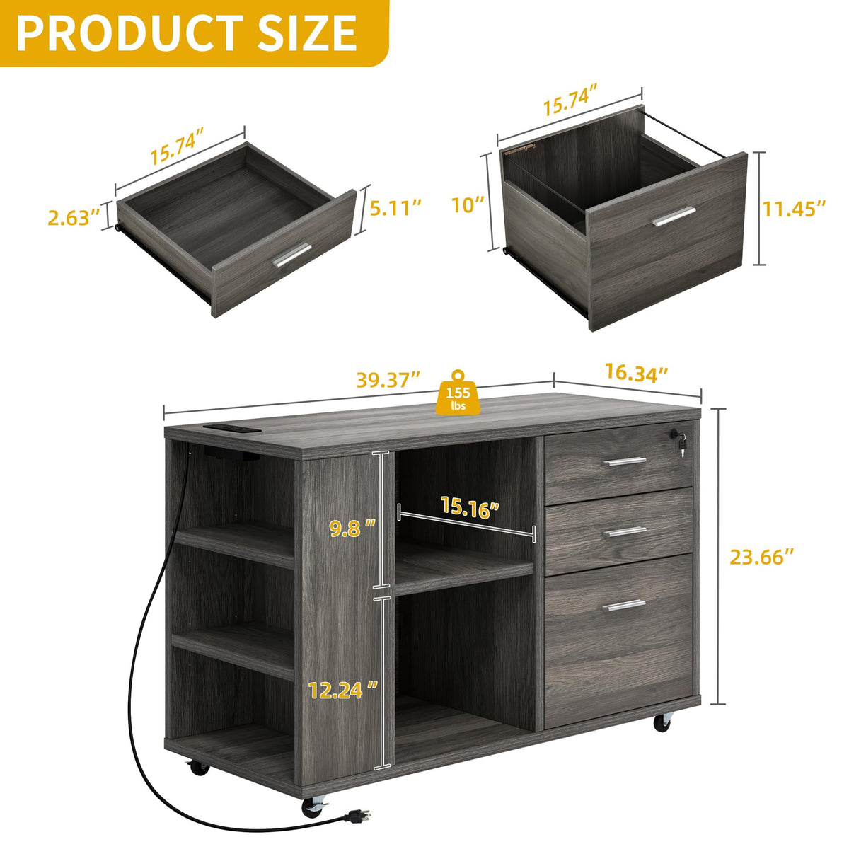DWVO File Cabinet with Charging Station, 3 Drawer Mobile Filing Cabinet with Lock, Printer Stand with Open Storage Shelf for Home Office, Grey