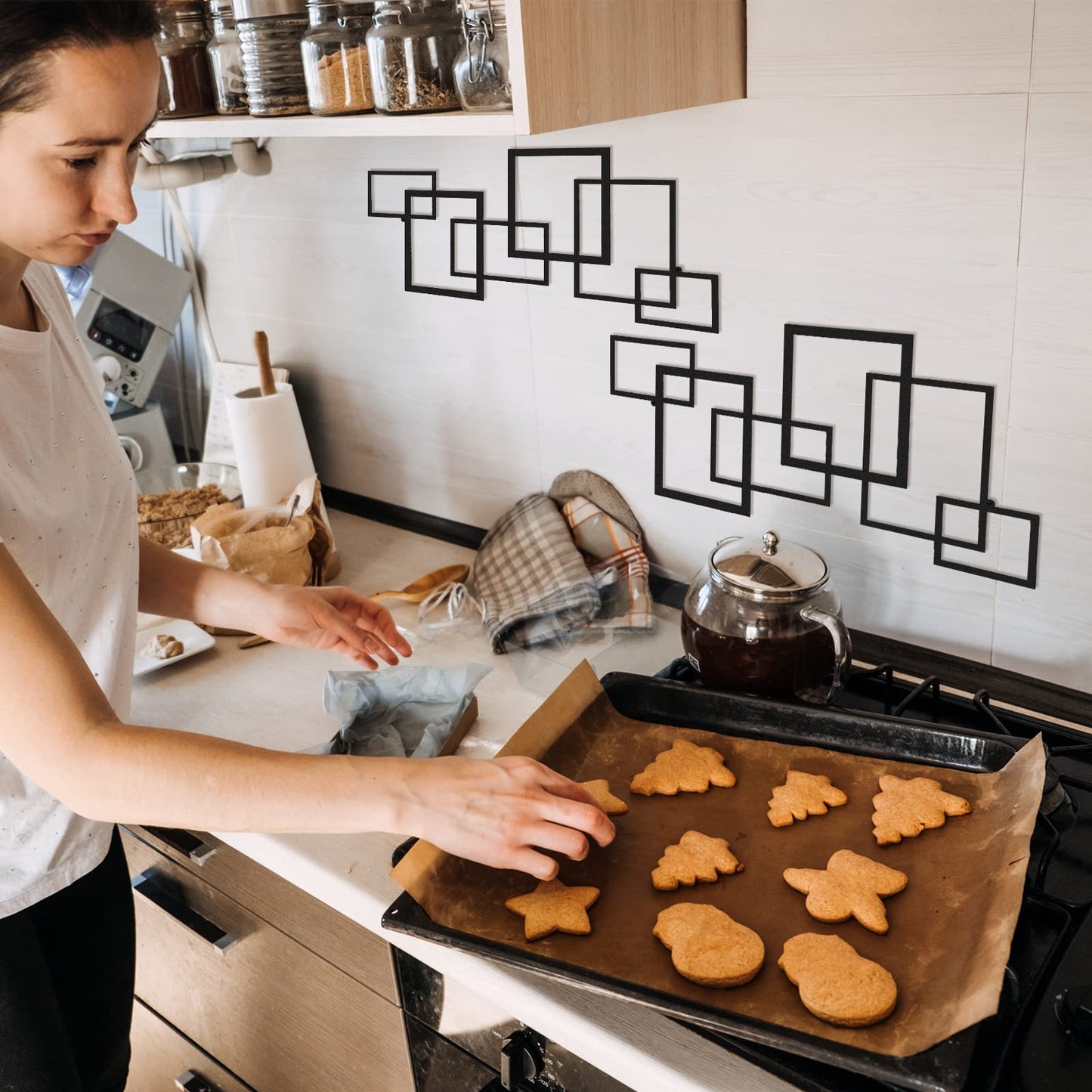 Geetery 2 Pcs Modern Geometric Metal Wall Art Minimalist Vertical Sculptures Wall Art Abstract Metal Decorations Wall Hanging Black Square Sign for Living Room Indoor Outdoor Bedroom Office