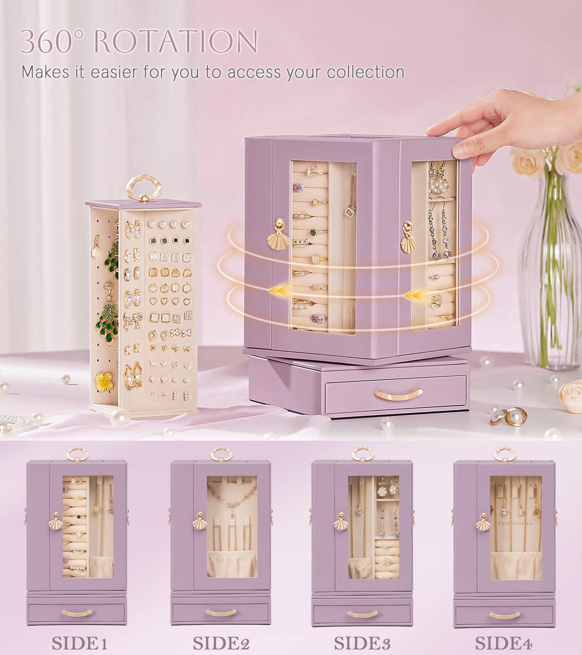 Enthralite Jewelry Box Large for Dresser: Women Necklace Ring Storage Organizer with Compartments - Elegant Earring Holder Display - 360° Rotating Jewelry Organizer with Glass Door