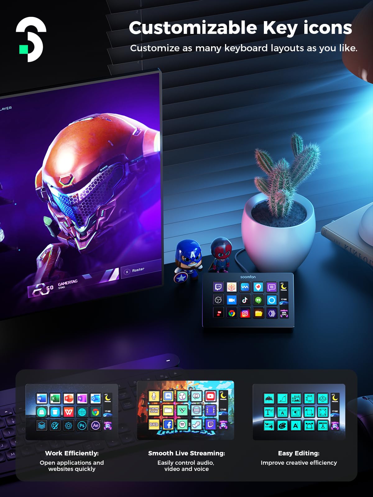 SOOMFON Stream Controller Stream Control Deck with 15 LCD Macro Keys Customizable to Trigger Actions in OBS Twitch YouTube Compatible with PC & Mac for Content Creators Streaming Gaming