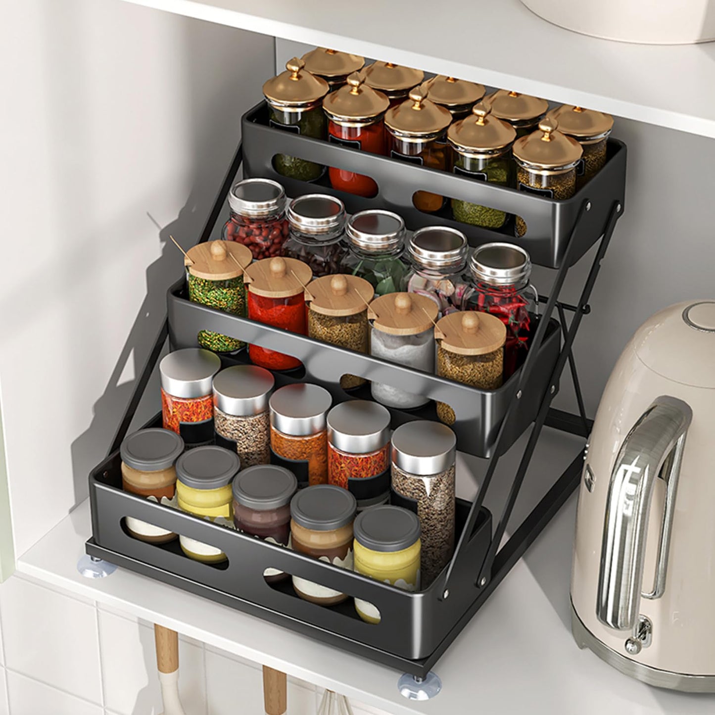 Ceetug 3 Tier Foldable Spice Rack for Countertop Iron Kitchen Seasoning Organizer for Cabinet, Black