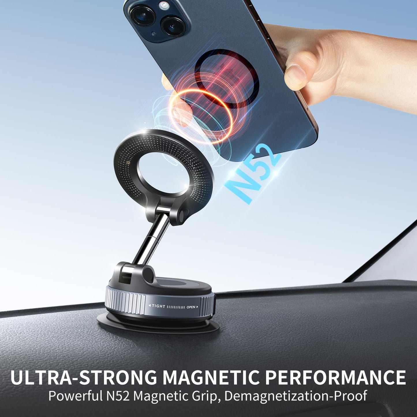 Galundge Vacuum Suction Magnetic Phone Holder, 2025 Upgraded Foldable Retractable Suction Cup Car Phone Mount for Magsafe, 360° Adjustable Magnetic Phone Stand for Cars/Gyms/Mirrors/Smooth Surface