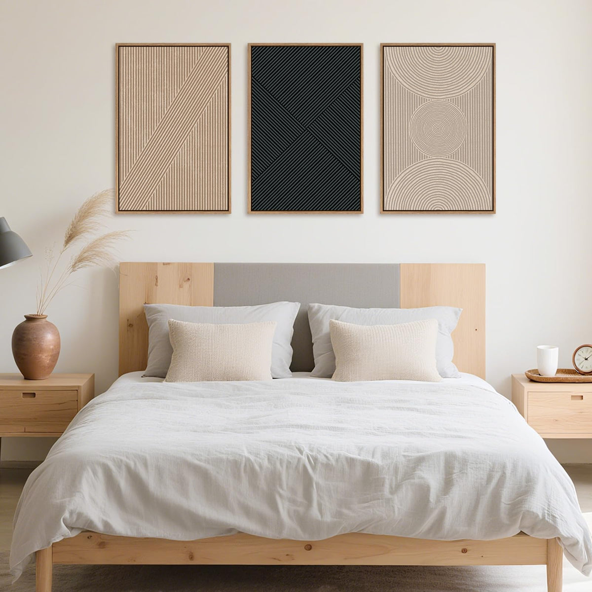 Ausril 3 Pcs Neutral Abstract Framed Wall Art, Mid Century Modern Canvas Wall Decor, Boho Geometric Line Wall Painting, Beige Minimalist Textured Art Print for Living Room Bedroom Office - 16x24inch