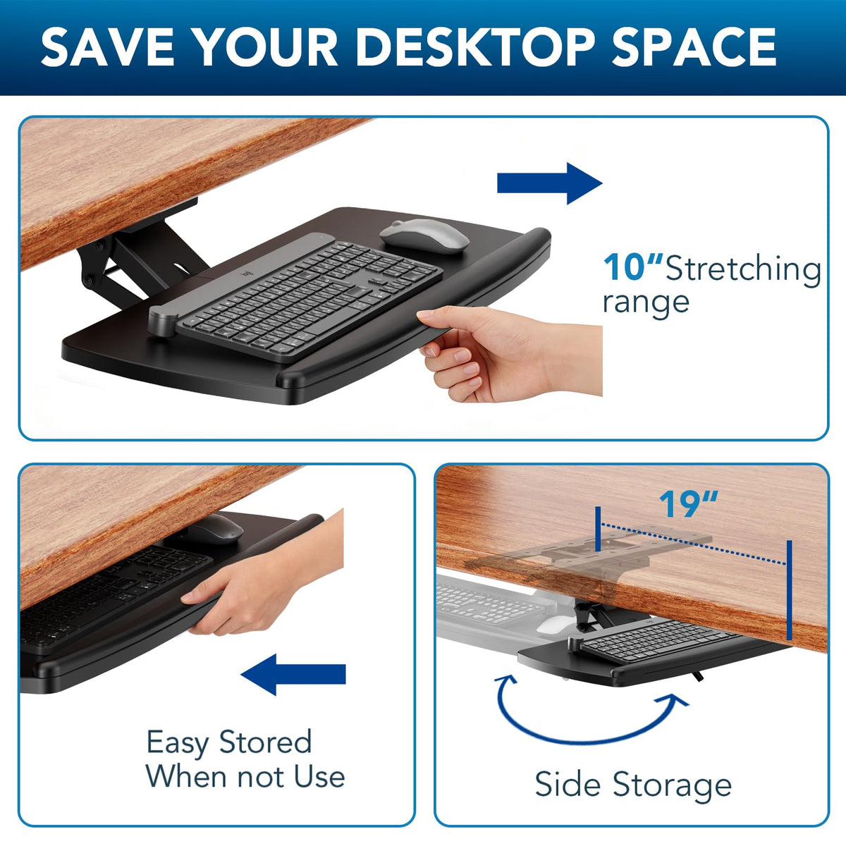 AX WABER Keyboard Tray Under Desk with Storage Drawer, Height Adjustable Keyboard Tray Slide Out 360° Swivel Tilt, Ergonomic Under Desk Mount Keyboard & Mouse Holder for Gaming Home Office, Black