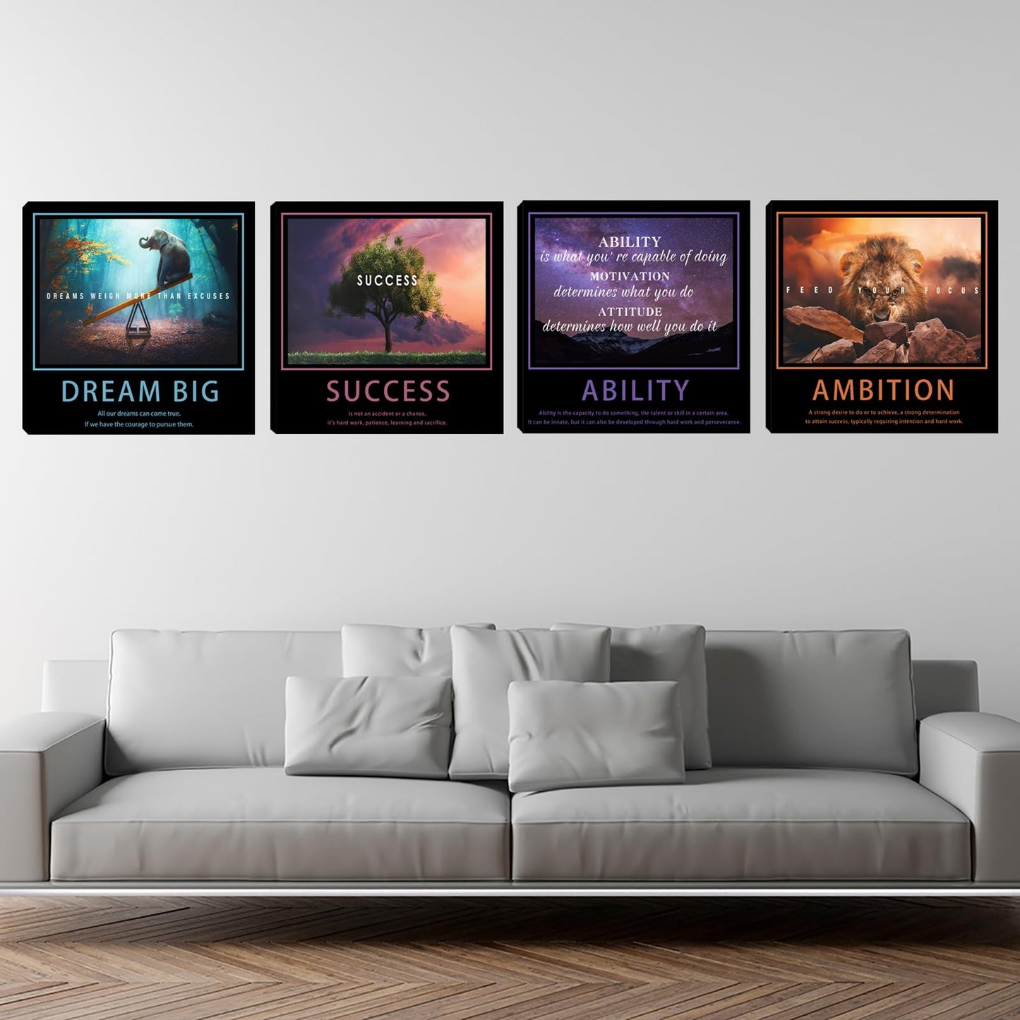 Motivational Wall Decor Art Office Wall Decor Inspirational Wall Art Success Canvas Paintings Quotes Posters Wall Picture 4 Pieces Framed Artwork Living Room Bedroom Home Decoration 20"x20"x4pcs