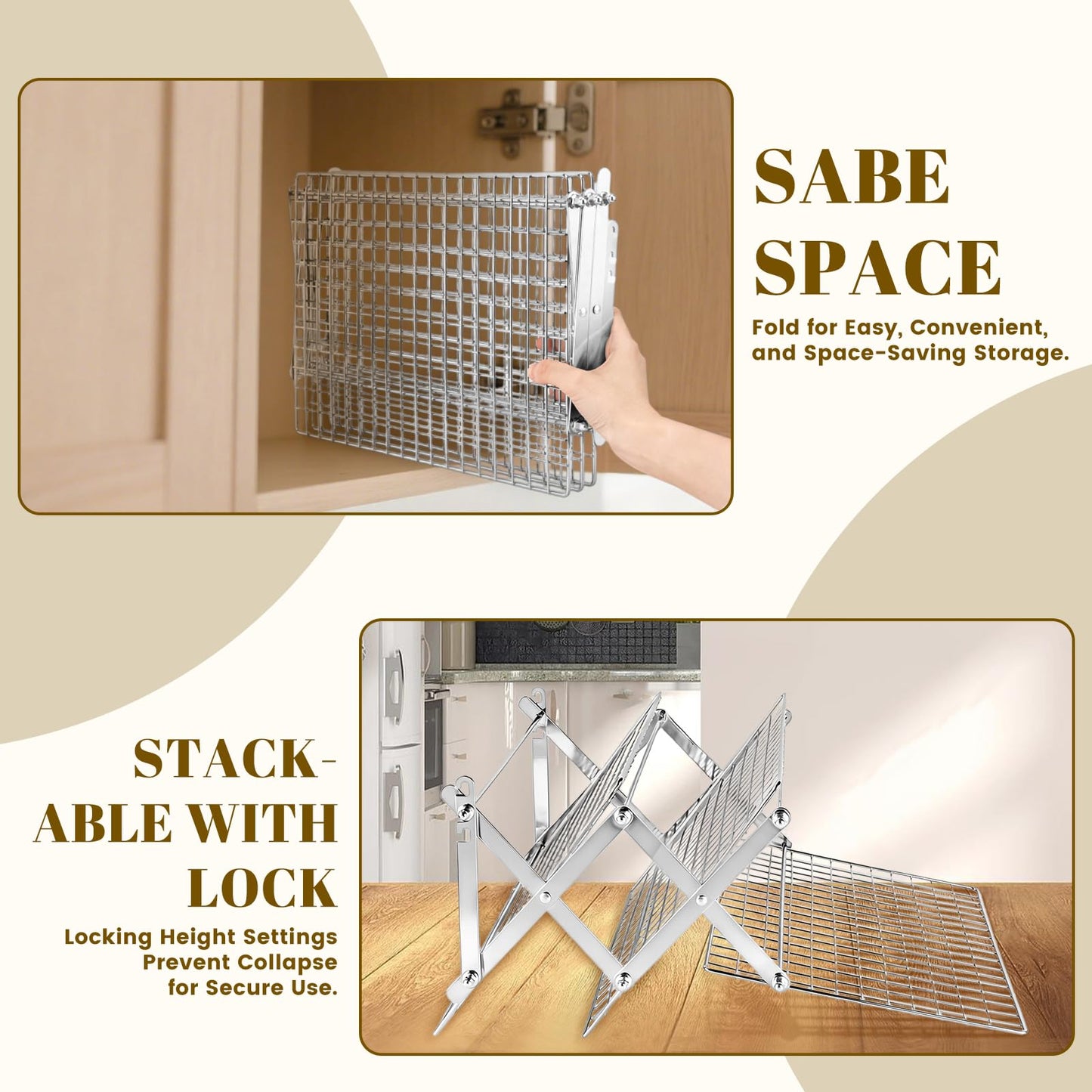 BEWOS 3-Tier Collapsible Cooling Rack - Adjustable Stainless Steel Baking Rack with X-Shaped Design and Leak-Proof Mesh Surface, Mirror Polished & Dishwasher Safe Cooling Rack