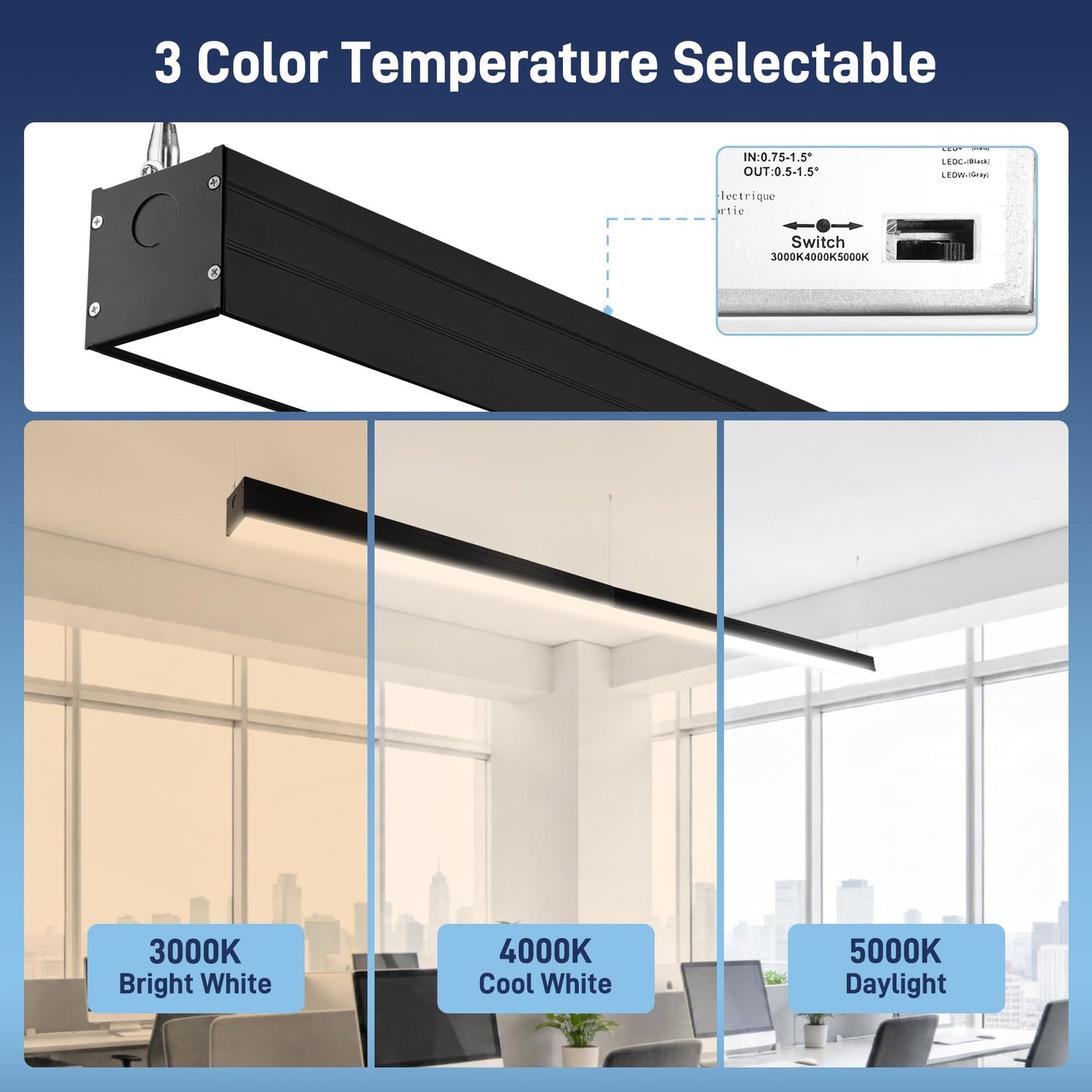 hykolity 4FT LED Architectural Suspended Linear Channel Light Linkable, 23/32/40W 3000K/4000K/5000K CCT Selectable, 0-10V Dim Office Lighting Fixture for Commercial Places, 4600lm, ETL, 4 Pack - Black