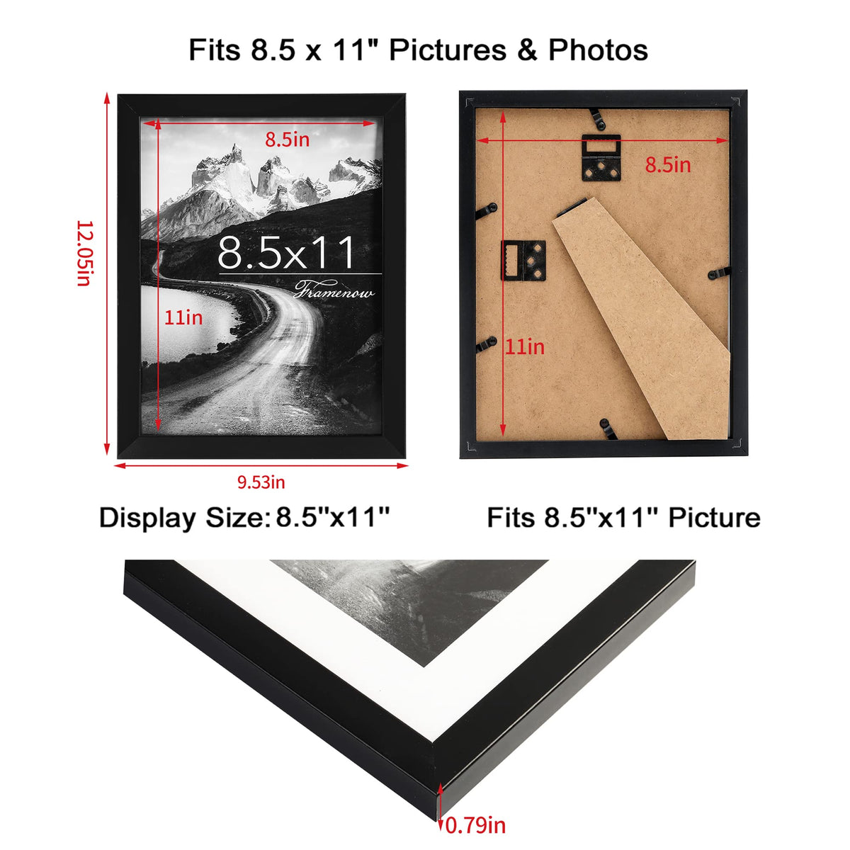 Framenow 8.5x11 Picture Frames Set of 3, Shatter-Resistant Glass Display Certificate or Pictures 8.5 by 11,To Wall and Tabletop Mounting, black.