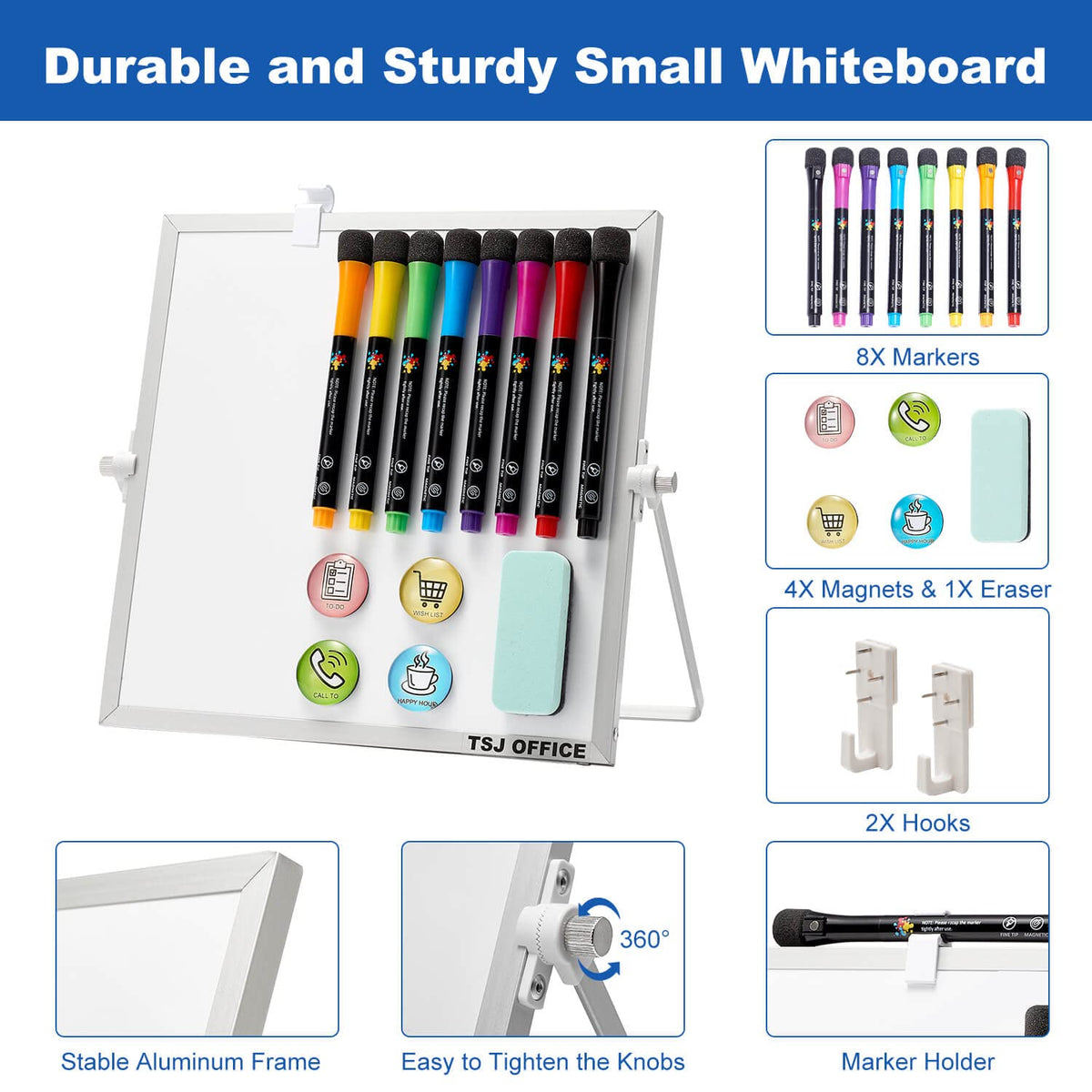 TSJ OFFICE Small White Board - 10 X 10 Inches Small Magnetic Dry Erase Board with Hooks for Wall, Desktop Whiteboard Stand 360 Degrees Revolving Double Sided for Office, Home, School, Silver