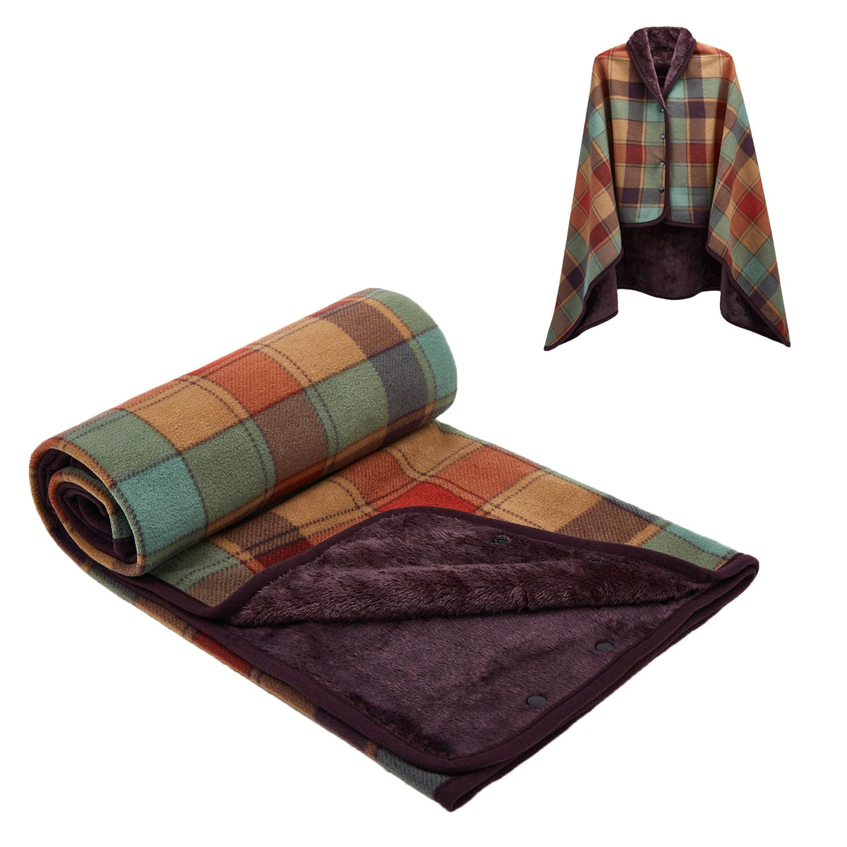 forestfish Fleece Wearable Blanket, Plaid Lap Blanket Comfy Poncho Throw with Buttons for Bed Sofa Office