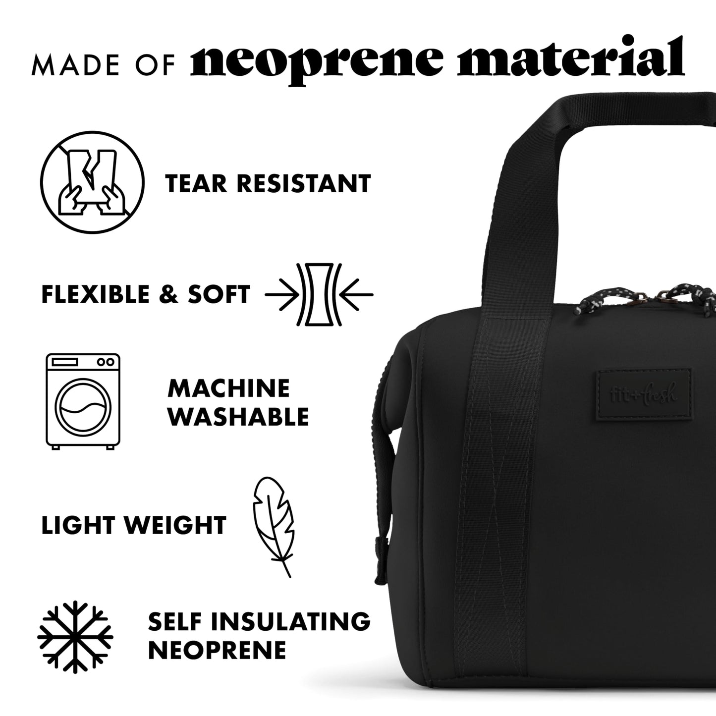 Fit & Fresh Remi Lunch Bag for Women Work – Neoprene Lunch Tote with Containers & Ice Pack, Reusable Meal Prep Lunch Box, Large Capacity, Machine Washable, Black