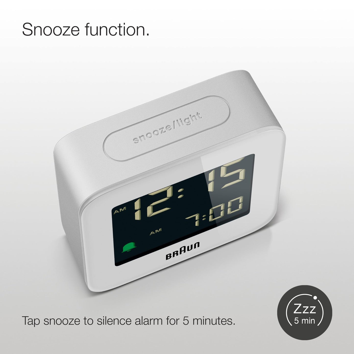 Braun Digital Travel Alarm Clock with Snooze, Compact Size, Negative LCD Display, Quick Set,Crescendo Beep Alarm in White, Model BC08W.