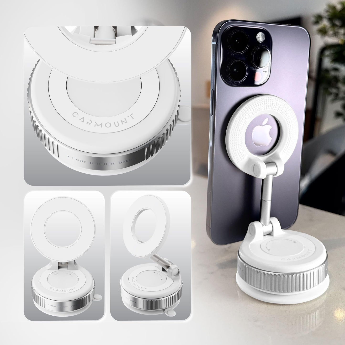 CARMOUNT Clutch-X™ White – Upgraded Vacuum Phone Mount Suction Cup Car Phone Holder for iPhone, Window Phone Mount, 360° Vacuum Magnetic Phone Holder for Car, Magnetic Phone Holder with Suction Cup