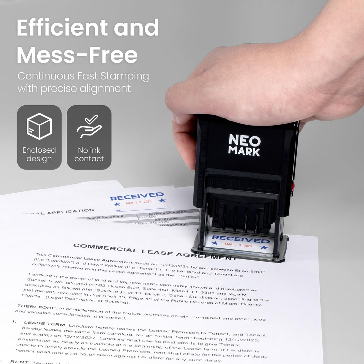 NEO MARK Large Self-Inking Date Office Stamp with Received Blue Ink & Date Red Ink, 12-Year Adjustable Rubber Dater, Ideal for Documents, Business & Accounting - with an Extra Refill Ink Pad