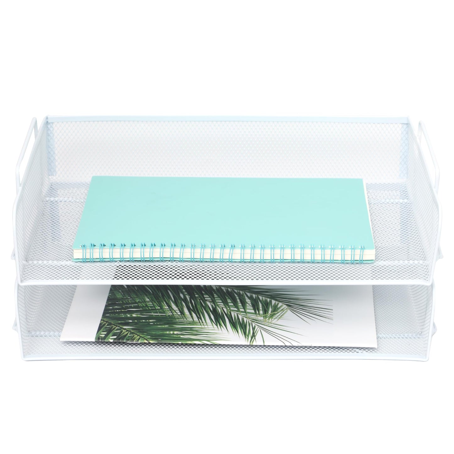 EASEPRES 2 Pack Stackable Desk Paper Tray, Metal Mesh Desktop Document Letter File Organizer for Office Home School, 13.5'' L x 9.75'' W x 5.5'' H, White