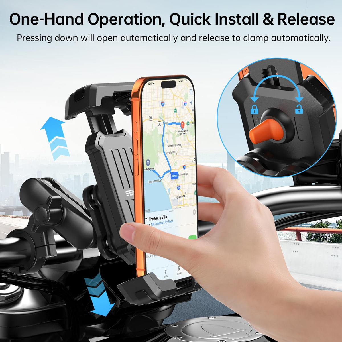 SEAJIC Motorcycle Phone Mount with Vibration Dampener & Security Lock, 720° Adjustable Bike Phone Holder Handlebar, Anti-Theft Motorcycle Phone Holder for iPhone 17/16/15/14/13 Series, 4.5-6.8" Phones