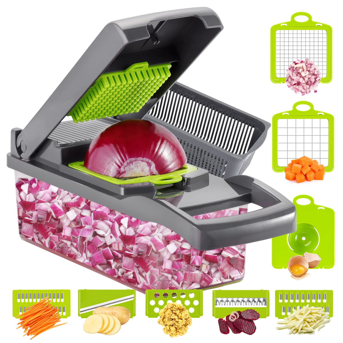 Ourokhome Vegetable Chopper Onion Cutter, 12 in 1 Professional Mandoline Slicer for Kitchen, Multifunctional Food Chopper for Potato, Tomato, Veggie with Strainer Basket, 8 Blades, Gray