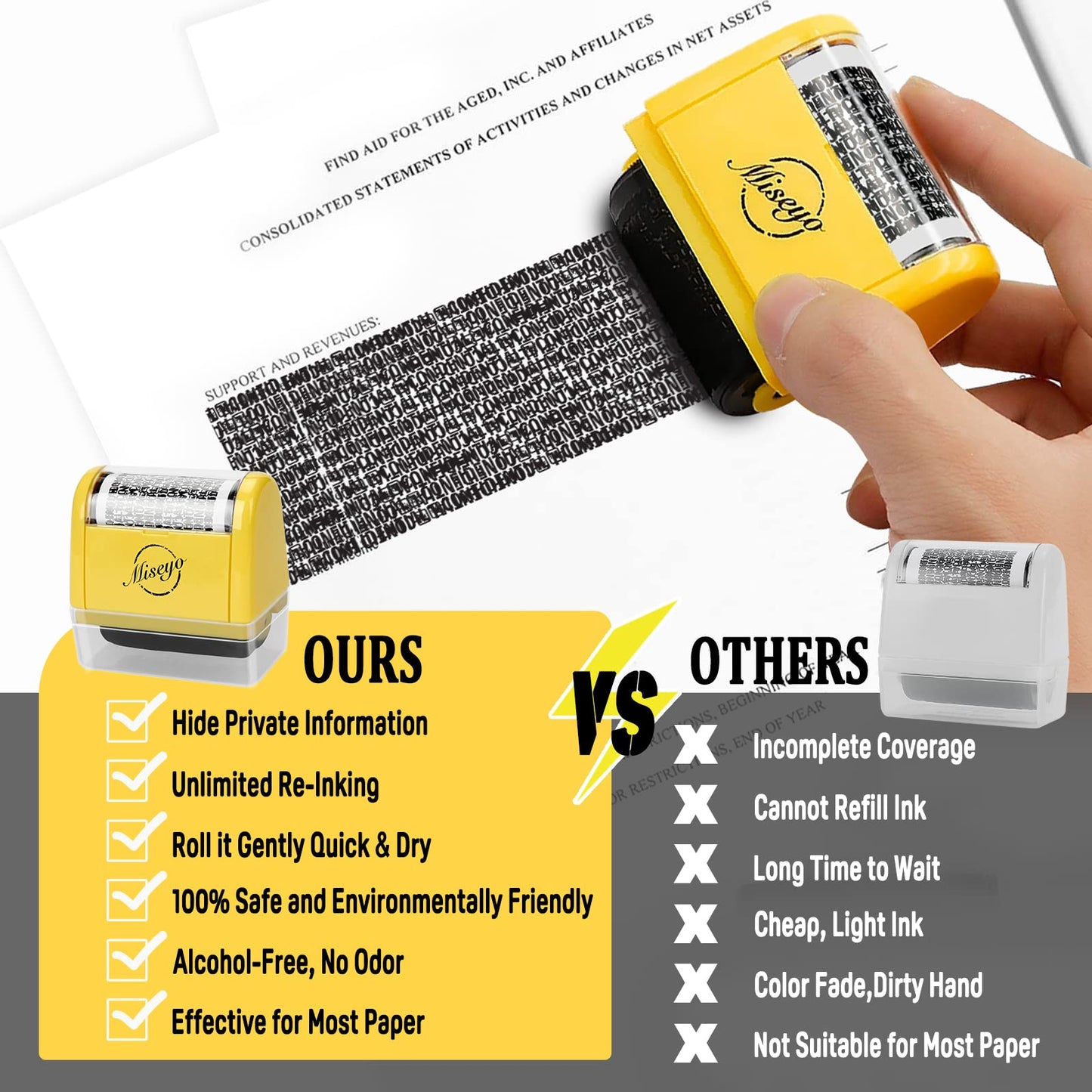 Miseyo Wide Identity Theft Protection Roller Stamp Set - Yellow (3 Refill Ink Included)