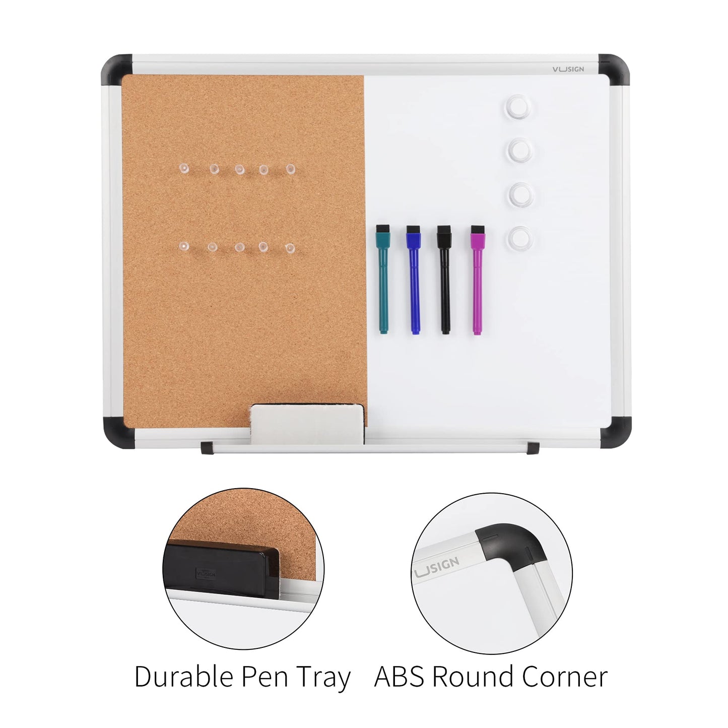 VUSIGN White Board and Cork Board Combination, 17" x 23" Dry Erase Board and Corkboard Combo for Home or Office, Wall Mounted Notice Bulletin Board with Aluminum Frame