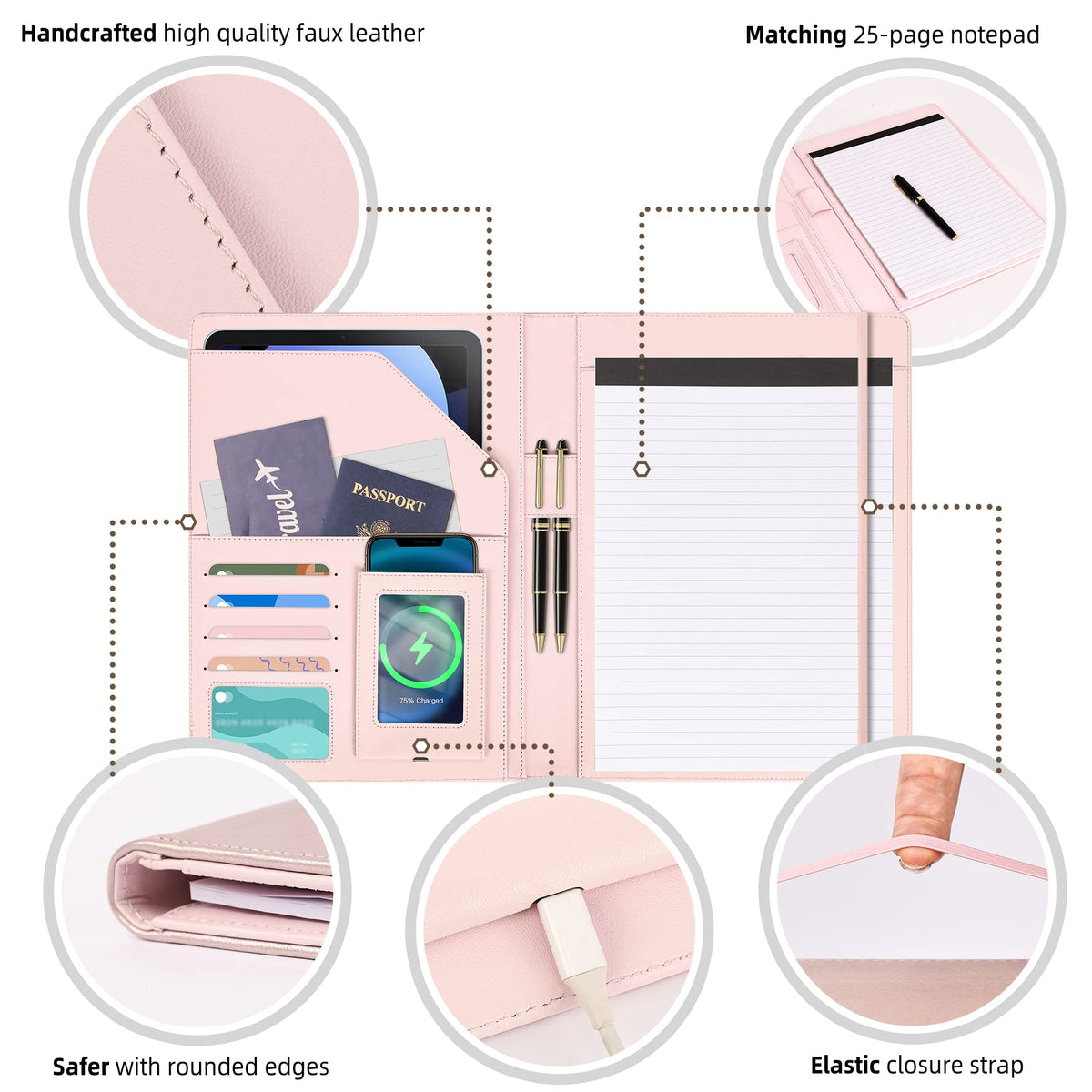 Leather Portfolio Organizer Women Clipboard with Storage Pink Clip Board for Notepad,Phone,Cards