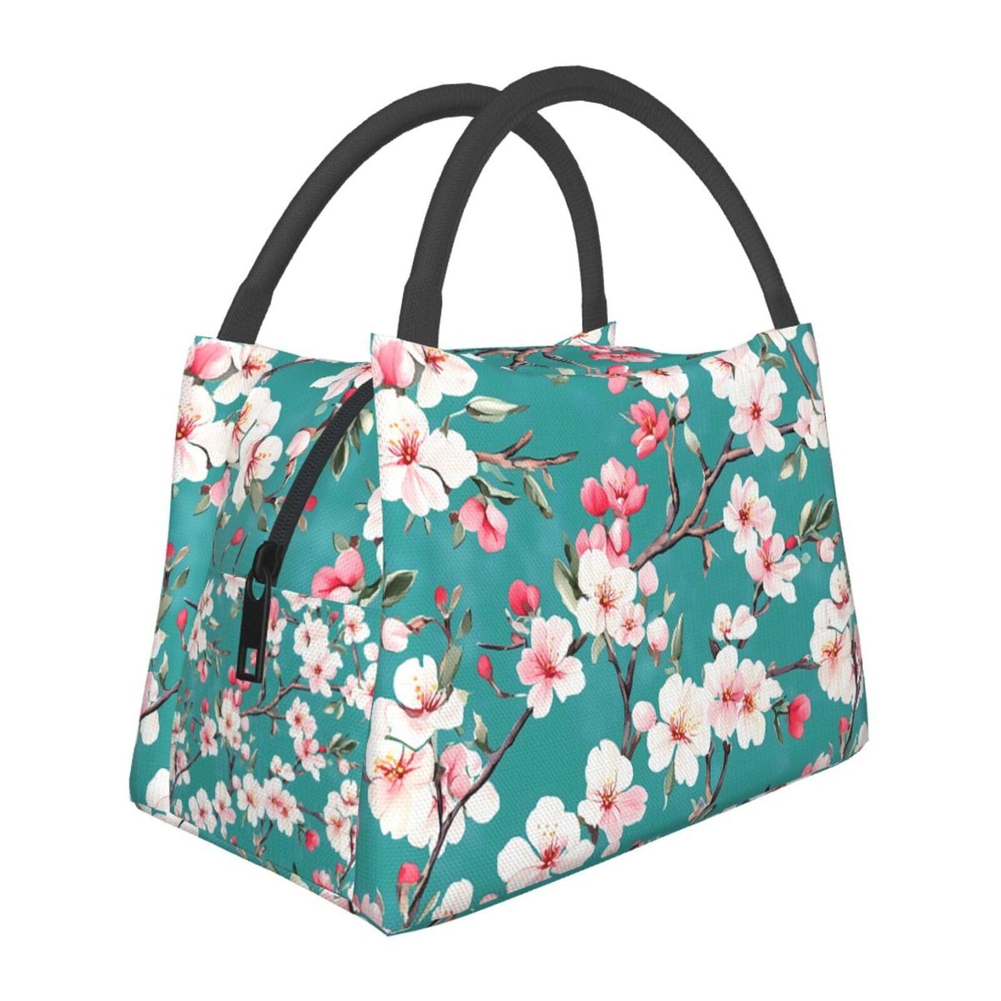 ainori Cherry Blossom Insulated Lunch Box for Girls Women,Reusable Tote Bag with Elegant Flower Branch in Teal,Portable Lunchbox Handbag,Makeup Bags Organizer Gifts for Work Office Travel,11x6.3x6.7in