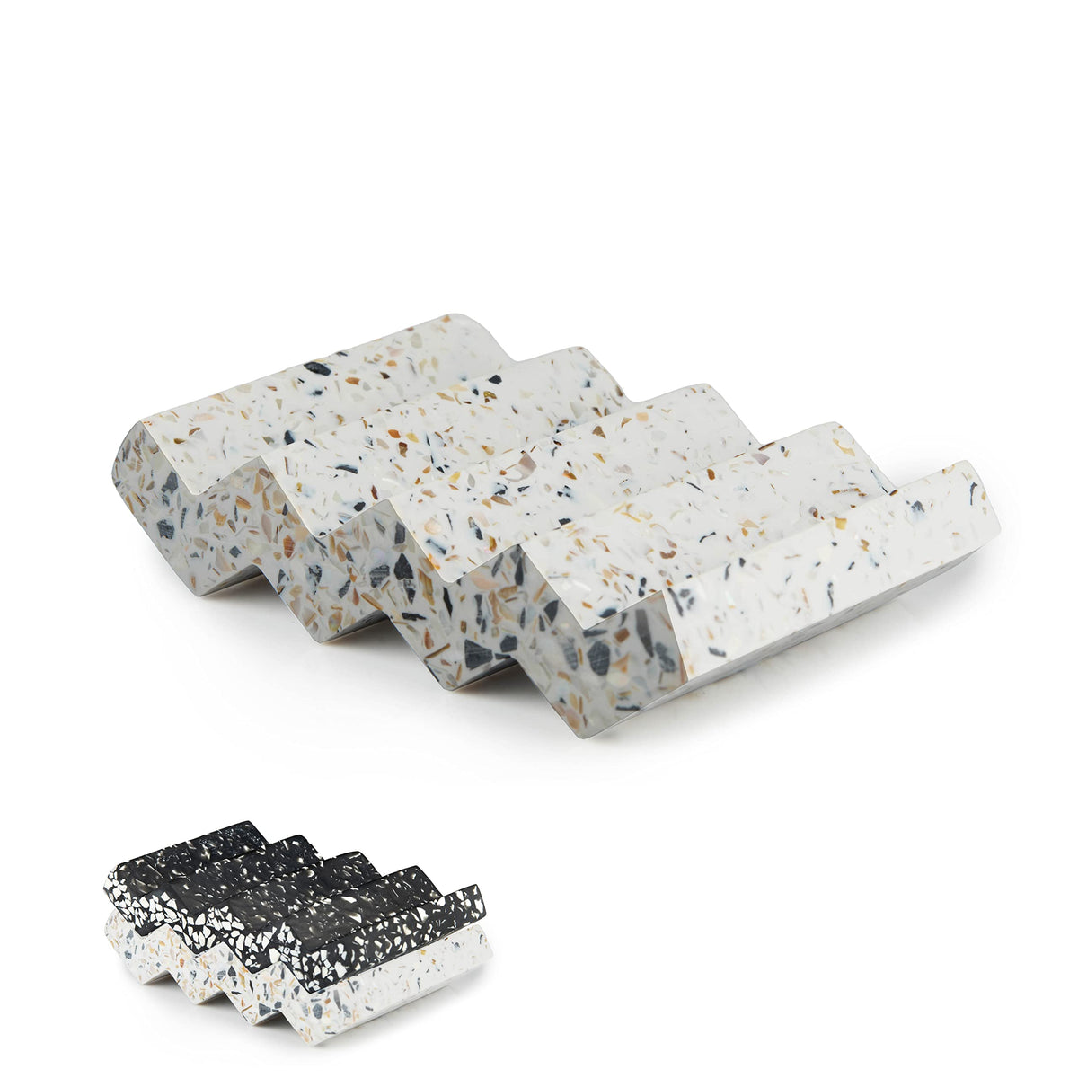 Tapeera Zig Zag Terrazzo Stone Soap Dish for Bathroom Sink - Concrete Soap Saver for Bar Soap Holder for Shower - Sponge Holder - Self Draining Soap Dish Holder - Kitchen Soap Tray (White)