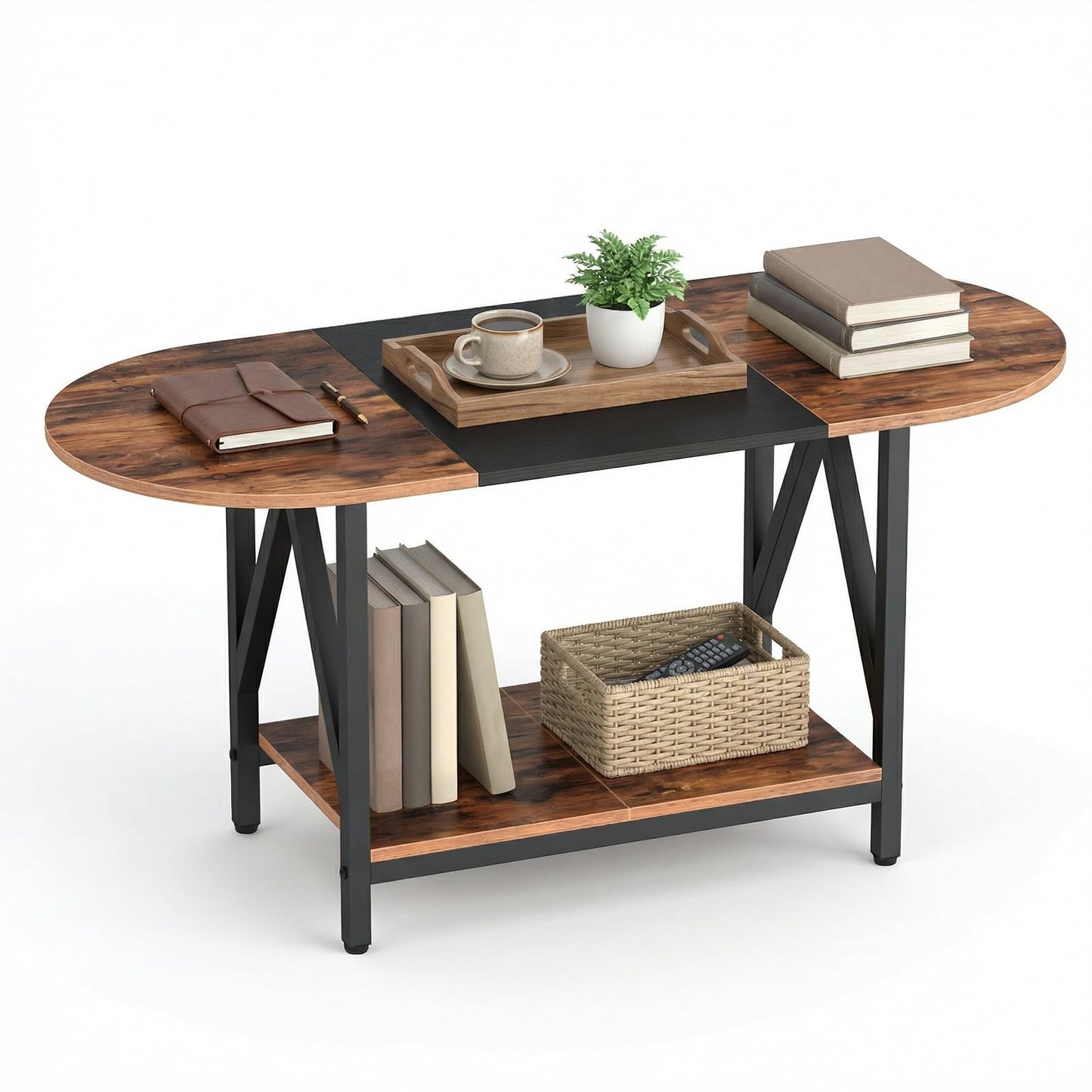 HOOBRO Coffee Table for Living Room, 2-Tier Oval Coffee Table, Industrail Centre Table with Open Shelf, for Small Space, Home Office and Dining Room, Rustic Brown and Black BFK13KF01