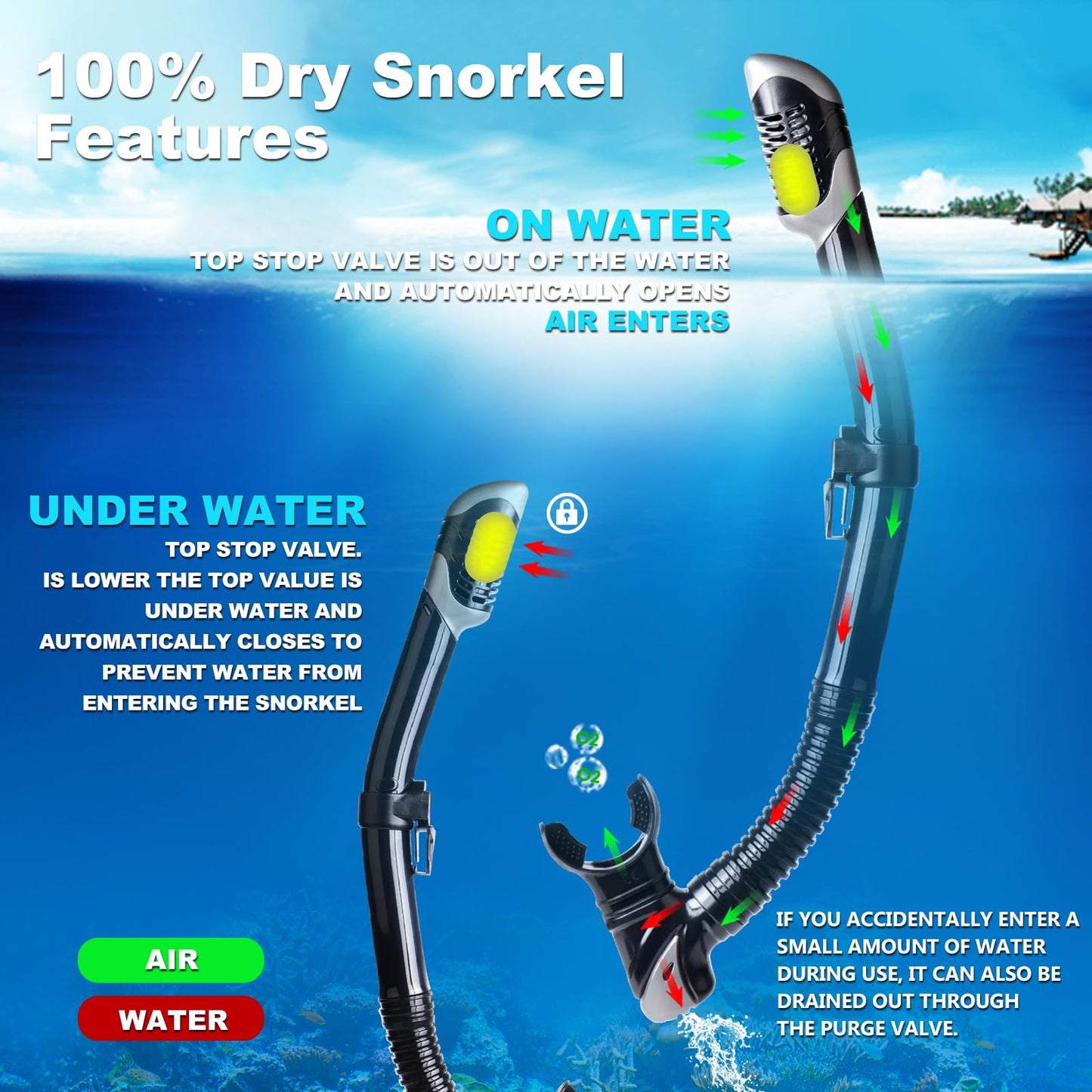 Snorkel Set Pano 3 Adult Snorkeling Gear, Professional Anti-Fog Snorkel Mask Dry Top Snorkel, Tempered Glass Scuba Diving Mask for Freediving, Snorkeling and Swimming(Black Set)