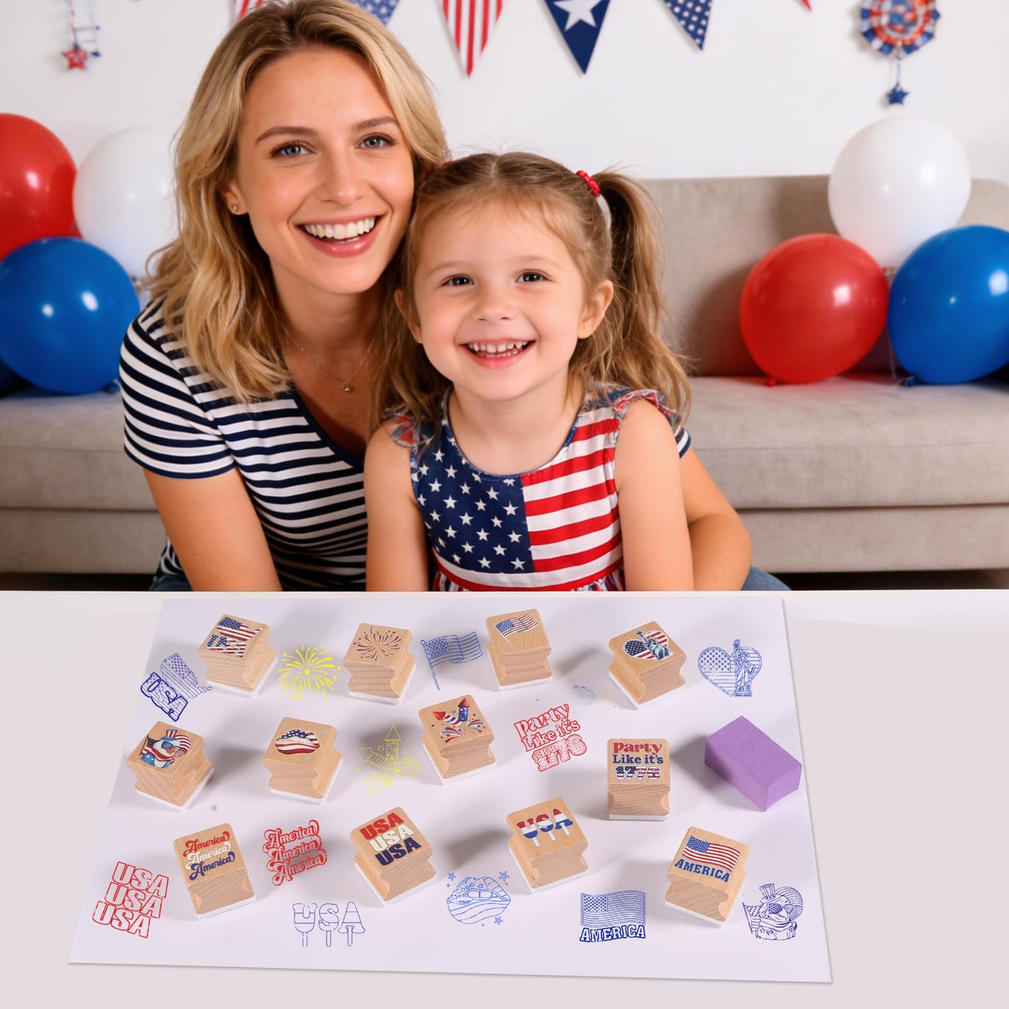 HOWAF USA Patriotic Wooden Rubber Stamps Set, 12pcs 4th of July Stamps Ink Pads for Independence Day DIY Crafts, 250 Years of Freedom Party Favors American Flag Inking Stamp Rubber Stamp
