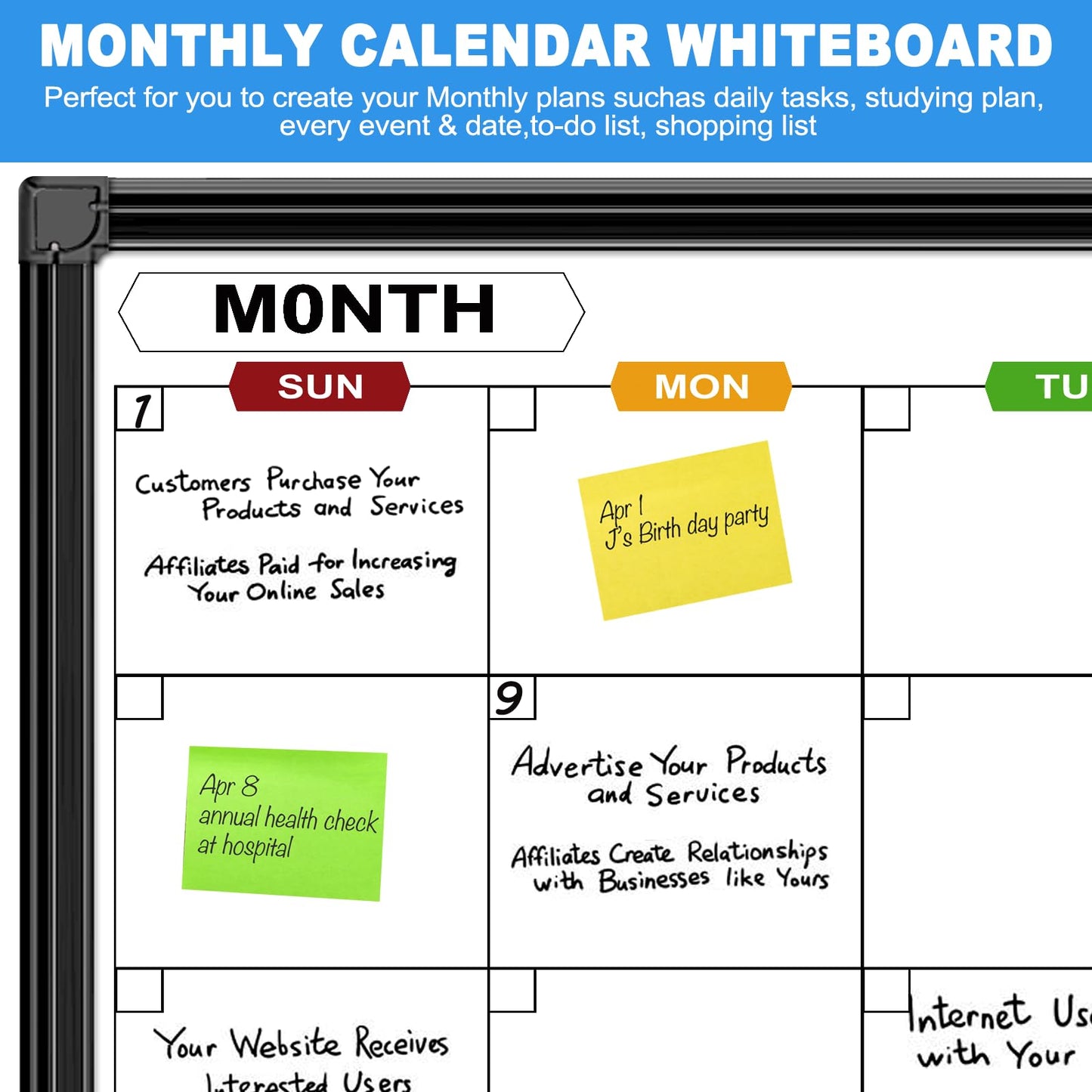 CALENBO Dry Erase Calendar Whiteboard for Wall 36" x 24", Magnetic Monthly White Board Calendar Dry Erase with Tray, Black Aluminum Frame Bulletin Board for Office Home and School