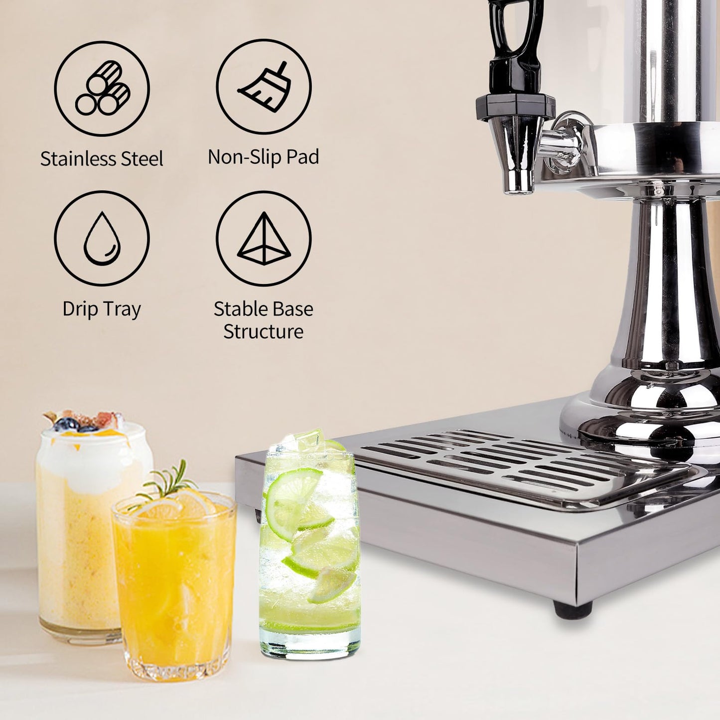 Nalison Drink Dispensers for Parties, Cold Beverage Dispenser with Centre Ice Core and Drip Trays, 2.2 Gallon/8L Stainless Steel Drink Dispensers with Stand and Spigot Buffet Cold Drinks and Beer