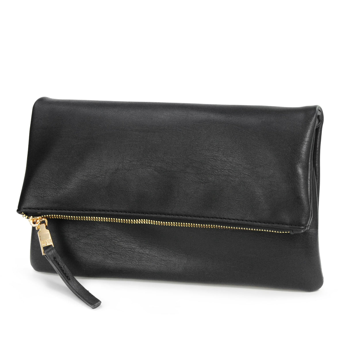 Women's Zipper Foldover Clutch Vegan Leather Envelope Cross body Bag with Chain Strap (Black)