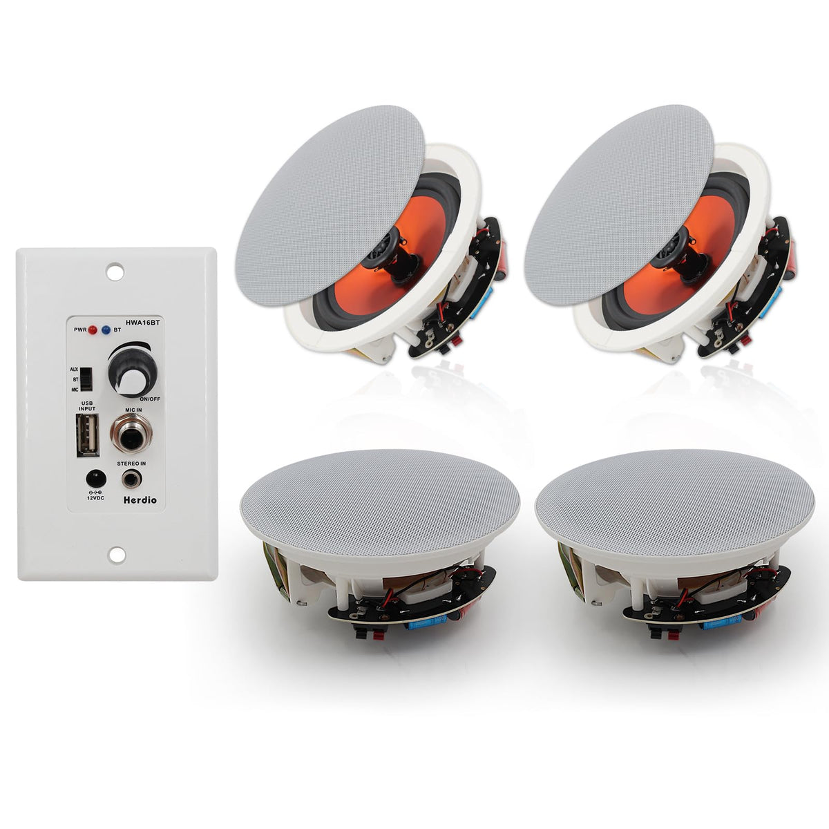 Herdio 6.5'' Bluetooth in Wall in Ceiling Speakers 600W 2-Way Flush Mount Speakers System with Wall Amplifier Receiver for Home Theater Office (2Pairs, Paintable-Grille)
