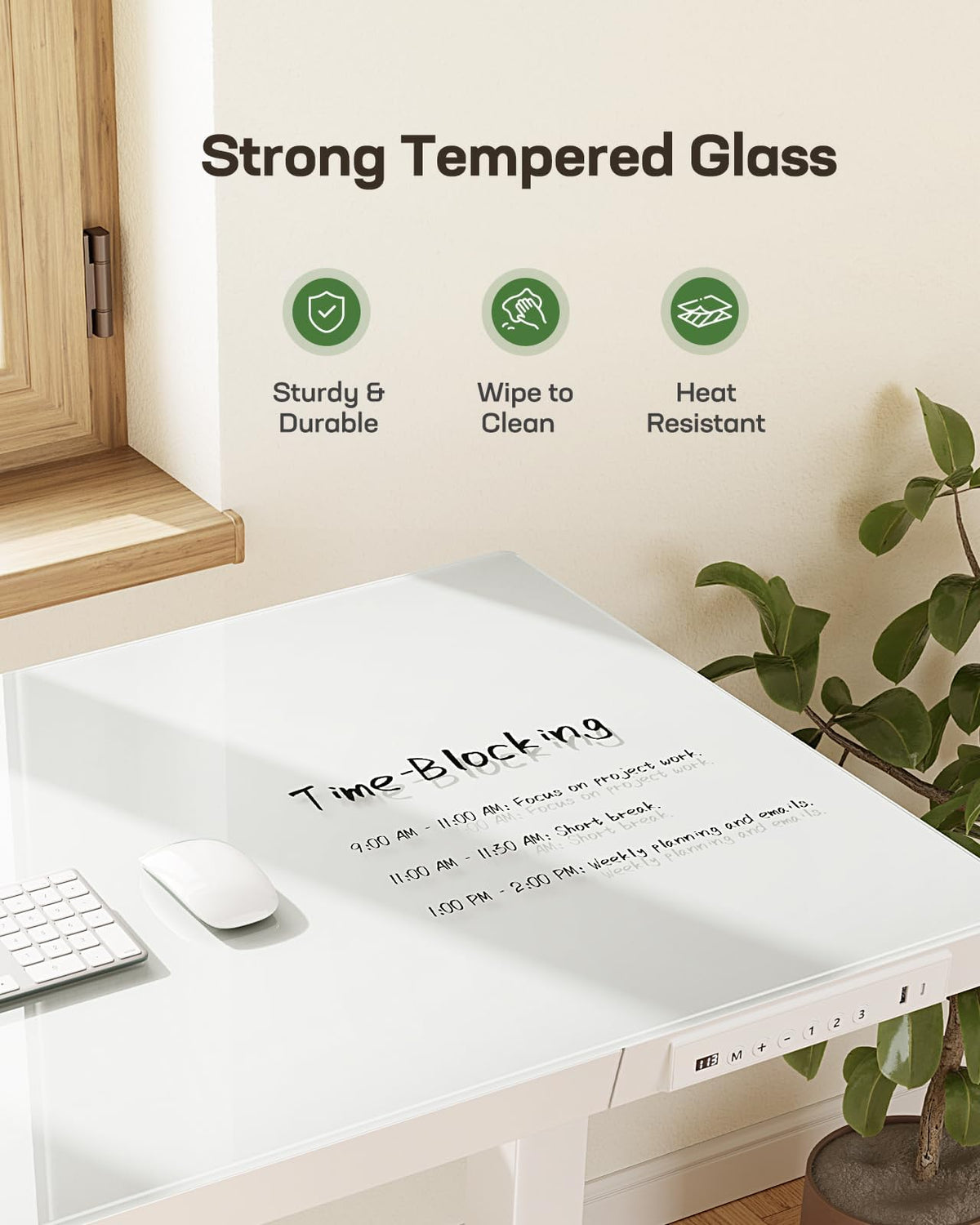 Marsail Glass Standing Desk with Drawer, 48x24 inch,Sit Stand Desk with One-Piece Tabletop & USB Charging Ports, Computer Table with Storage for Home & Office White