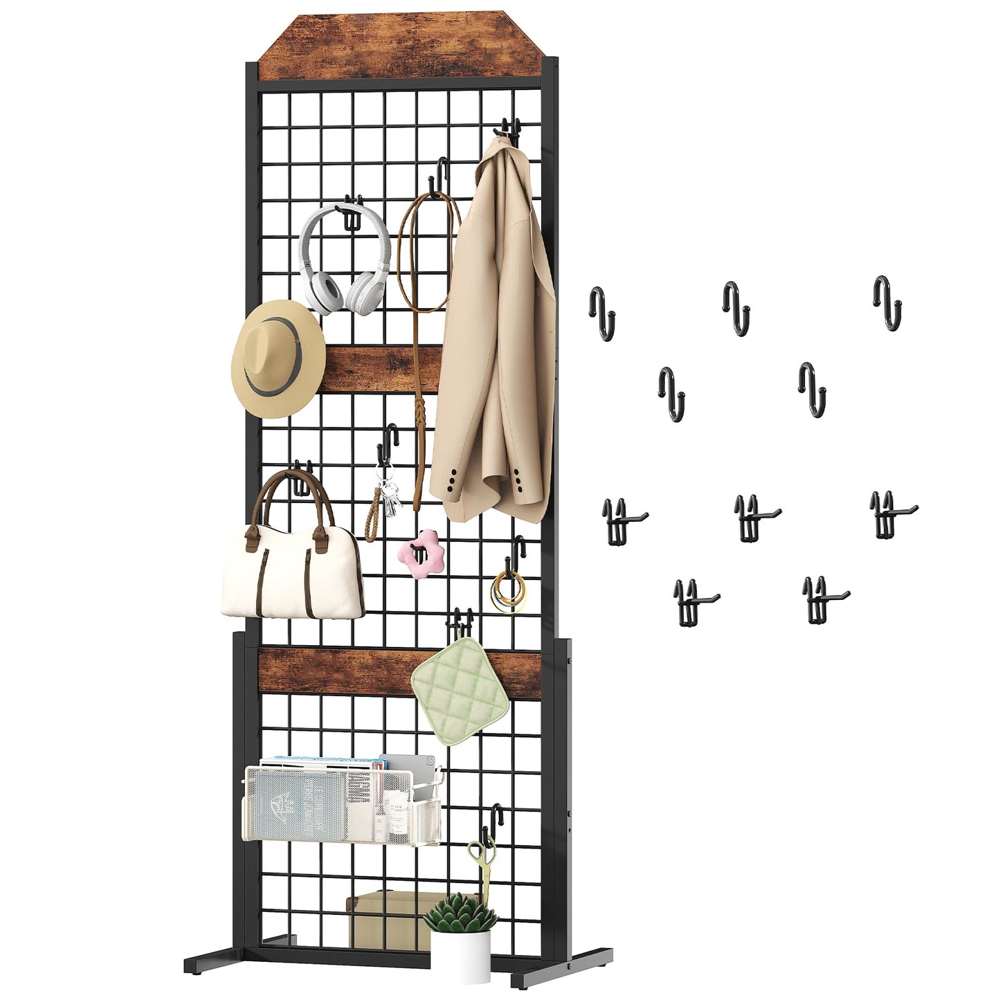 HOOBRO Gridwall Panel units 5.6' x 1.7' Ft Grid Display Rack, Gridwall Panel Display Stands with 5 Garment Hooks & 5 S-Hooks, Wire Grid Display Rack, for Retail Show, Rustic Brown and Black BF45DC01