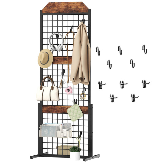HOOBRO Gridwall Panel units 5.6' x 1.7' Ft Grid Display Rack, Gridwall Panel Display Stands with 5 Garment Hooks & 5 S-Hooks, Wire Grid Display Rack, for Retail Show, Rustic Brown and Black BF45DC01