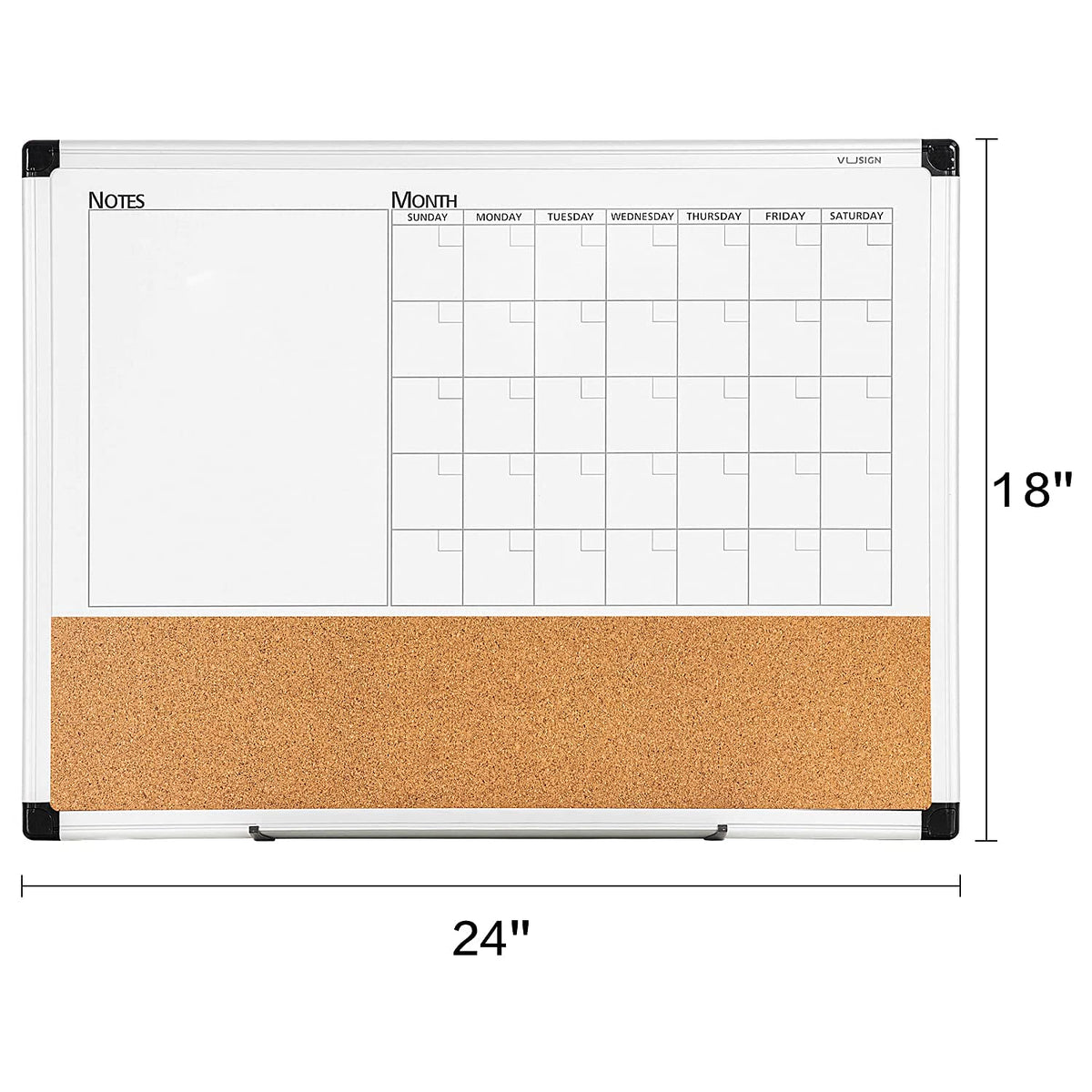 VUSIGN Monthly Calendar Whiteboard Dry Erase Cork Board Combo, 18" x 24" Planning Board, Silver Aluminium Frame