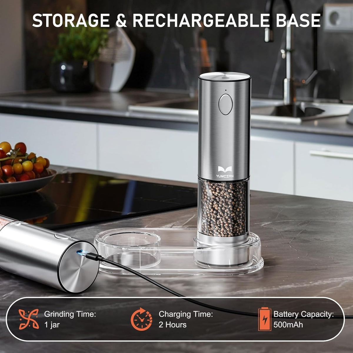 Electric Salt and Pepper Grinder Set Rechargeable, Yumcian Automatic Shakers Set with Adjustable Coarseness and LED Light, Stainless Steel Mill Set, Upgraded Larger Capacity