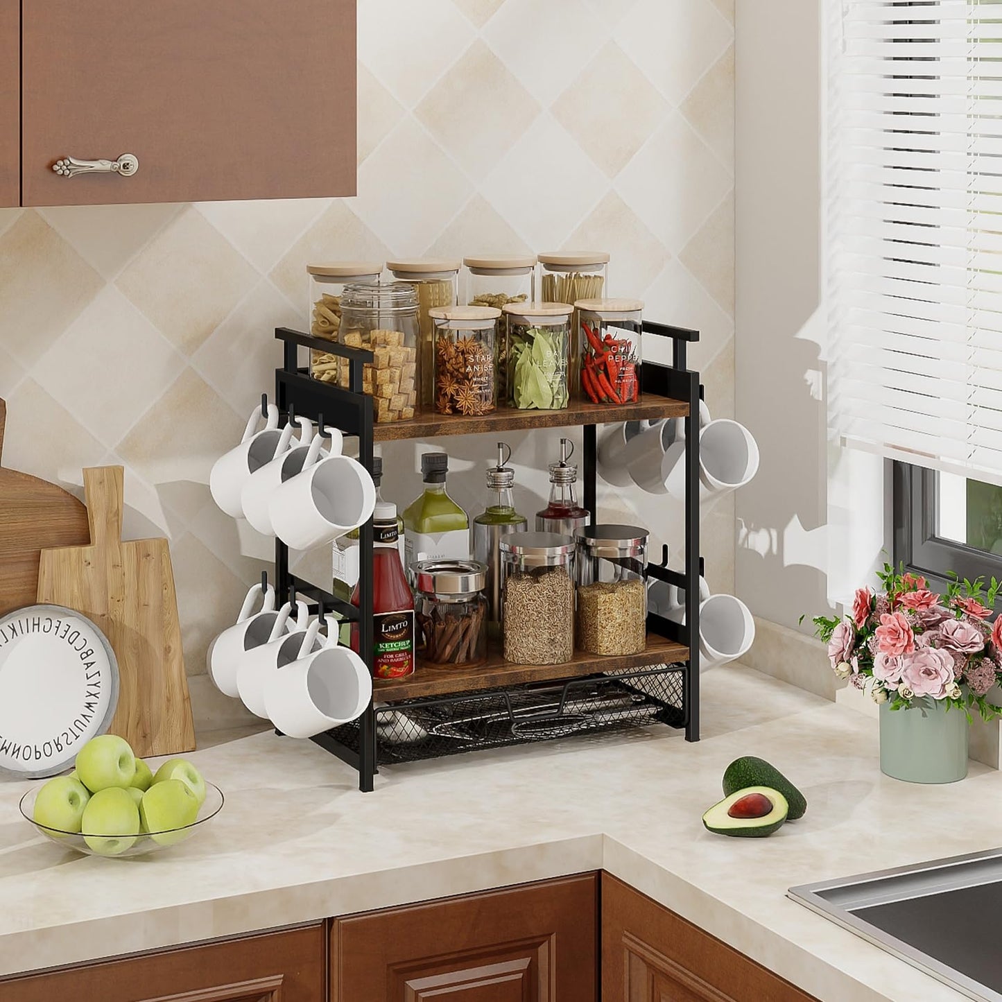 BCOZLUX Coffee Bar Organizer, 3 Tier Coffee Station Organizer for Countertop, Mug Cup Holder Stand with 12 Hooks, with K Cup Storage Drawer, Tea Organizers Accessories for Home Office