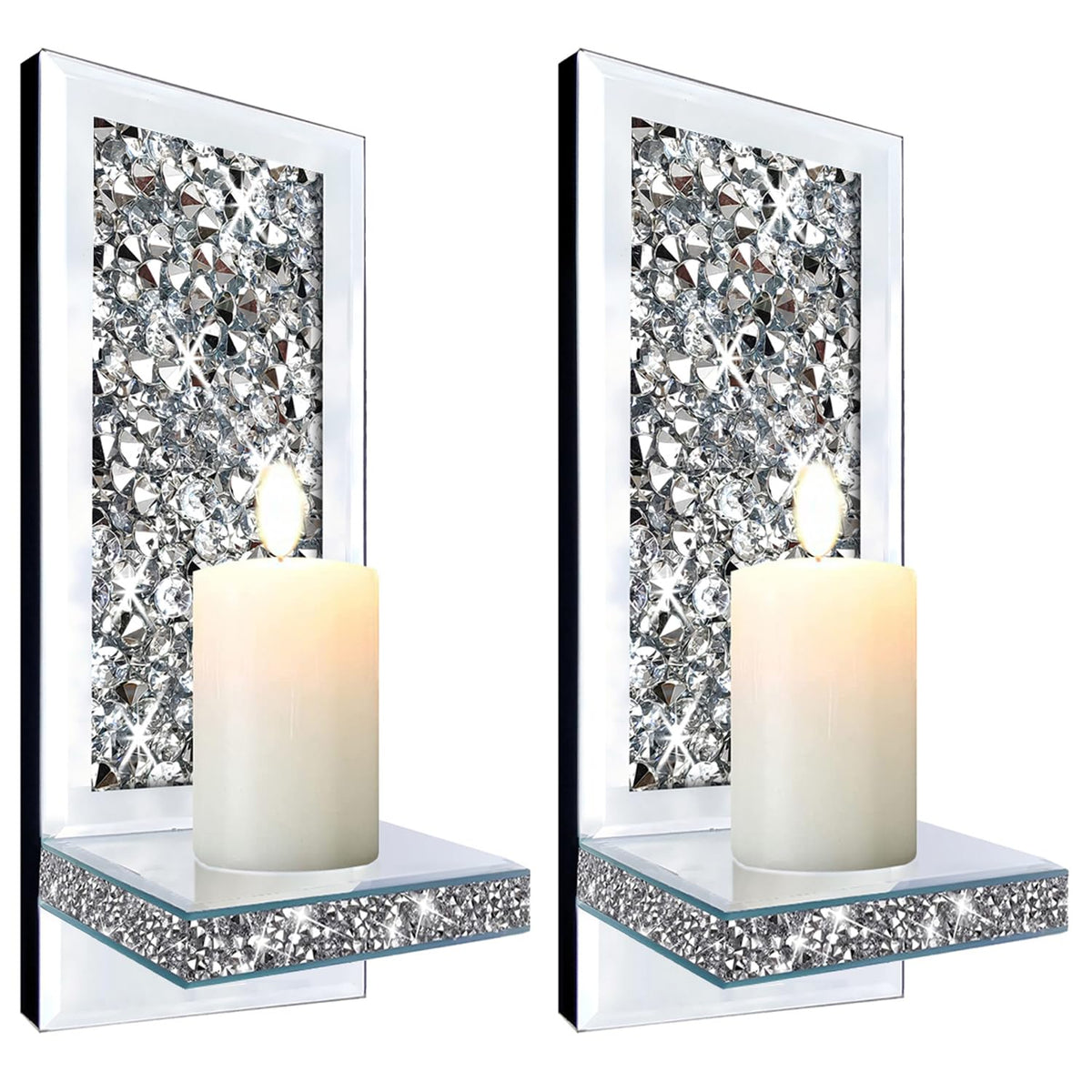 ZOLAPI Set of 2 Crystal Crush Diamond Candle Sconces, Gorgeous Silver Mirrored Wall Sconce, Candle Holder Glass Wall Decorations for Home Décor, Living Room, Dining Room. 1A
