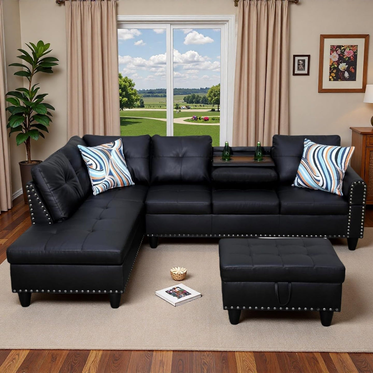 Topcomfy 97.5" L Shaped Couch Set, Modular Sectional Couches for Living Room with Storage Ottoman, 4 Seat Home Sofa Living Room Furniture Sets with Chaise for Apartment Office (Leather, Black)