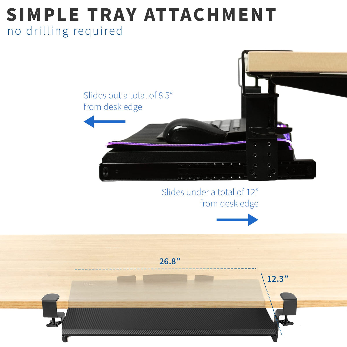 VIVO Large Height Adjustable Under Desk Keyboard Tray with RGB LED Light Mouse Pad, C-clamp Mount, 27 (33 Including Clamps) x 11 inch Slide-Out Platform Computer Drawer for Typing, Black, MOUNT-KB05GP