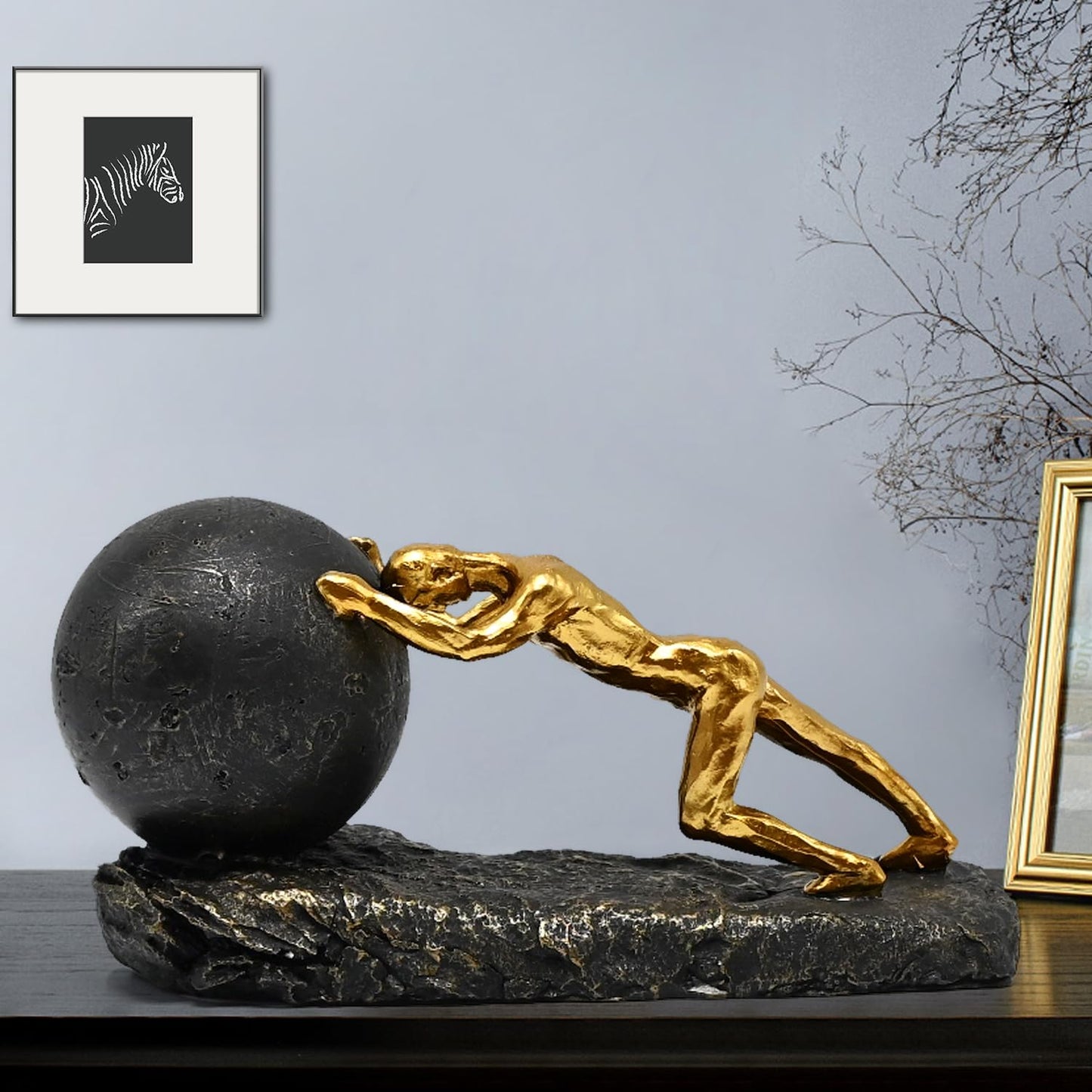 Juliahestia Modern Decorative Statues Apartment Decorations Contemporary Home Decor Sisyphus Rolling Boulder Sculpture Men House Living Room Aesthetic Man Cave Shelf Desk Masculine Office