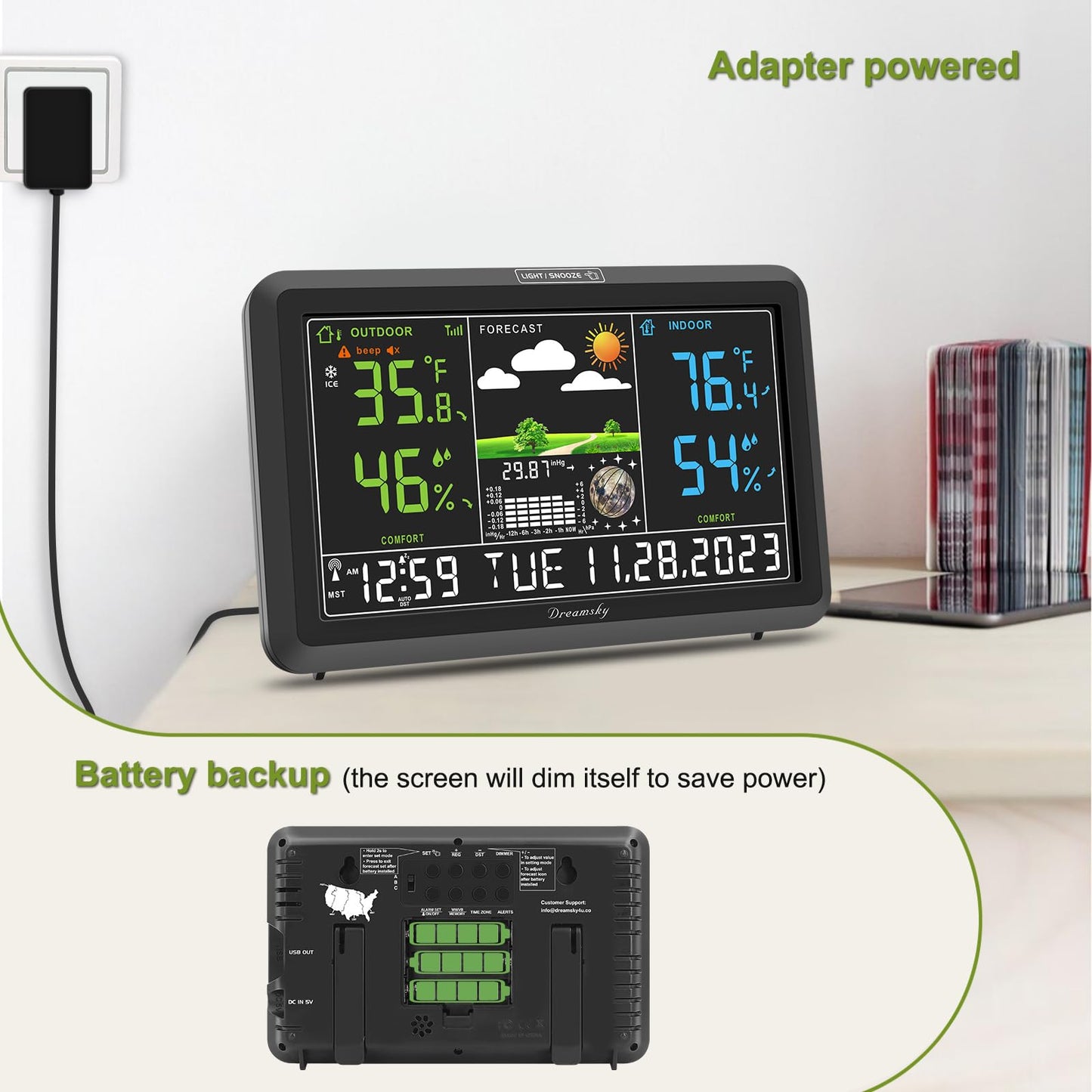 DreamSky Weather Station Indoor Outdoor Thermometer Wireless with Digital Atomic Clock for Home, Large Display with Dimmer, USB Port, Inside Outside Temperature Humidity Monitor (Plug-in)